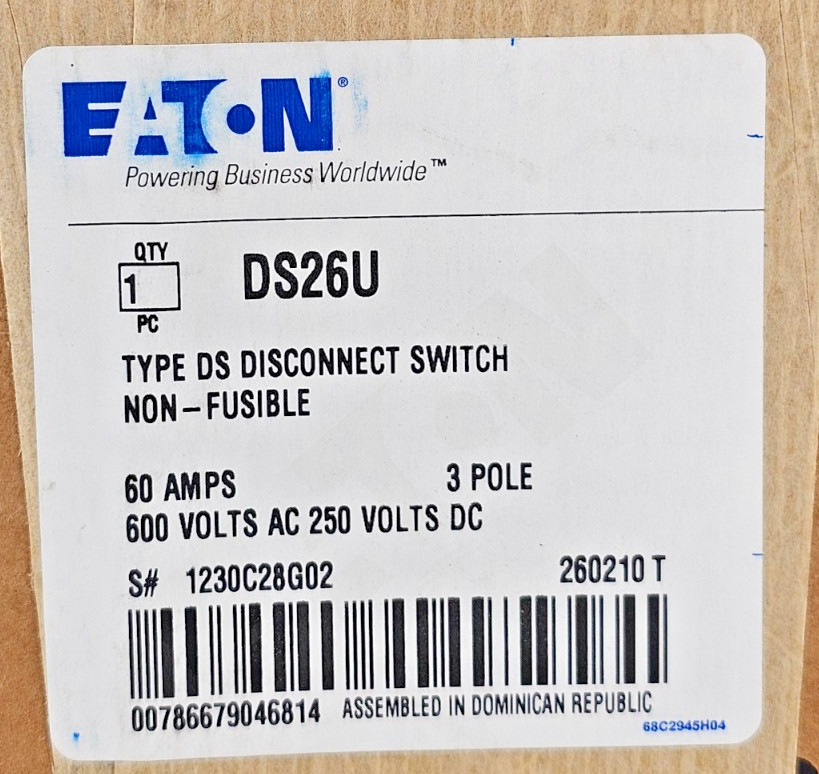 NEW – Eaton DS26U Type DS Disconnect Switch Non-Fusible 60A 3P 600V AC – 250V DC