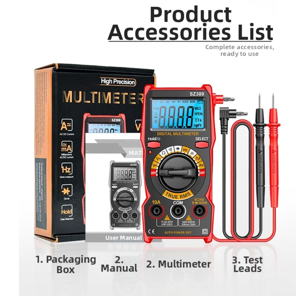Digital Multimeter with Backlight and Auto Power Off for AC DC Voltage Current