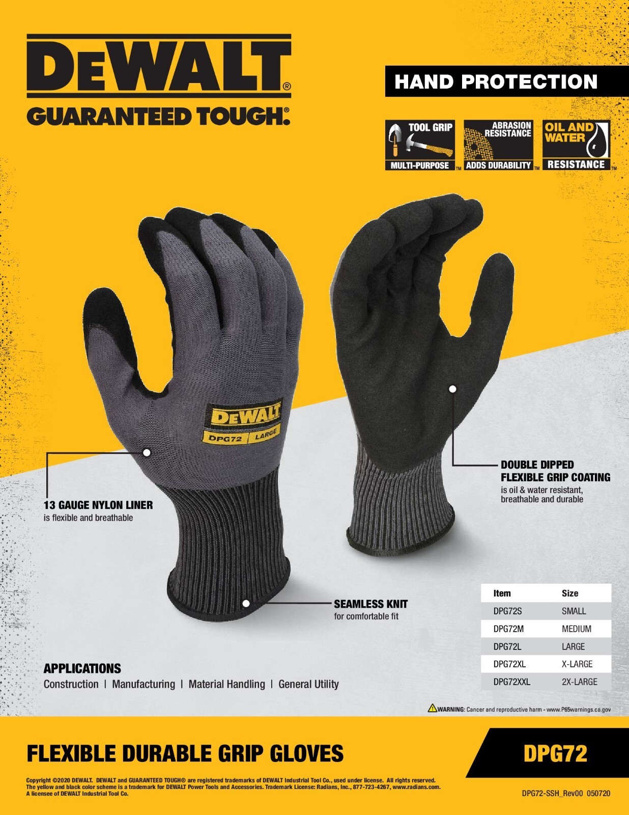1 PAIR DeWalt Flexible Durable Nitrile Grip Palm Coated Lightweight Work Gloves