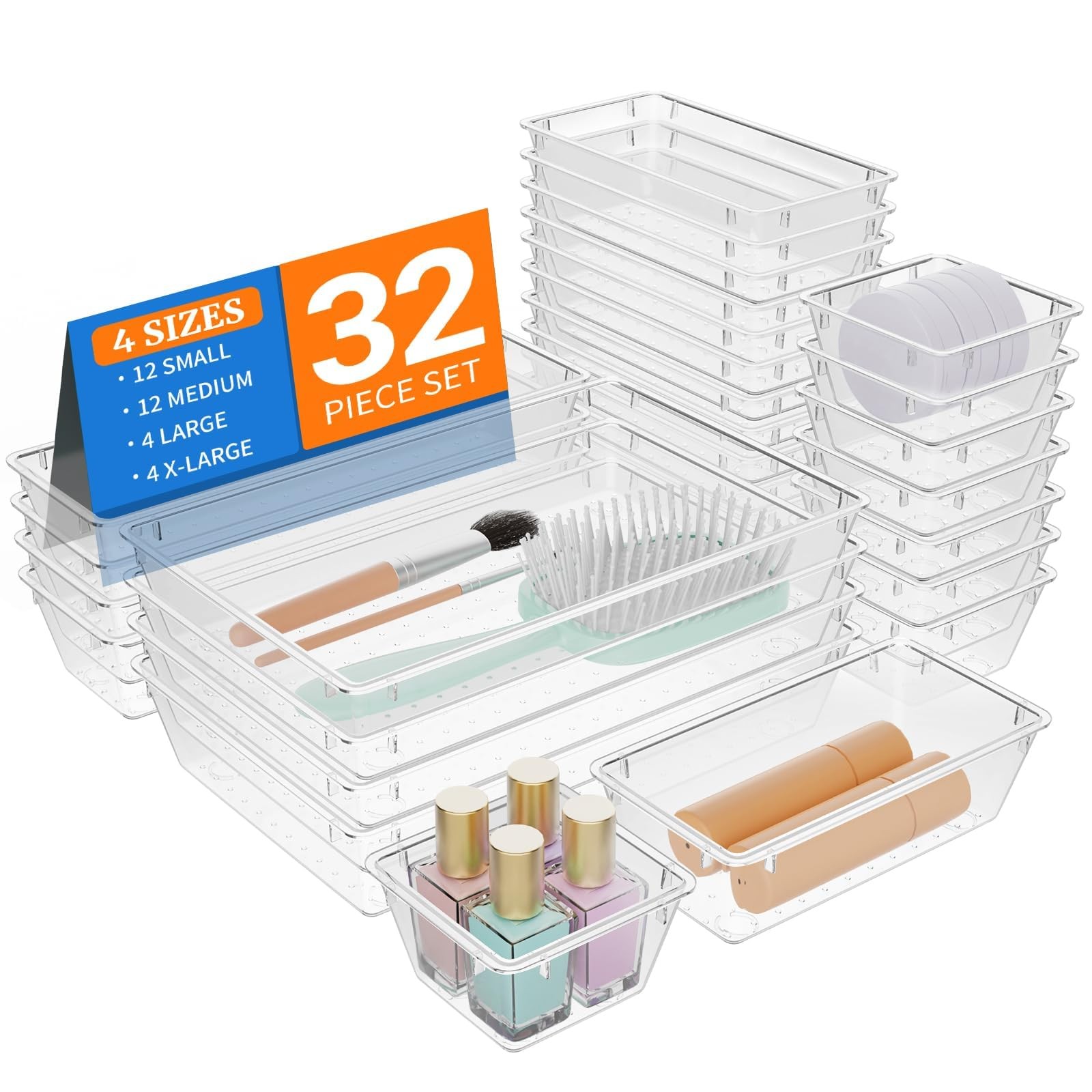 32 PCS Drawer Organizer Set, Vanity Organizer Trays and Storage Bins