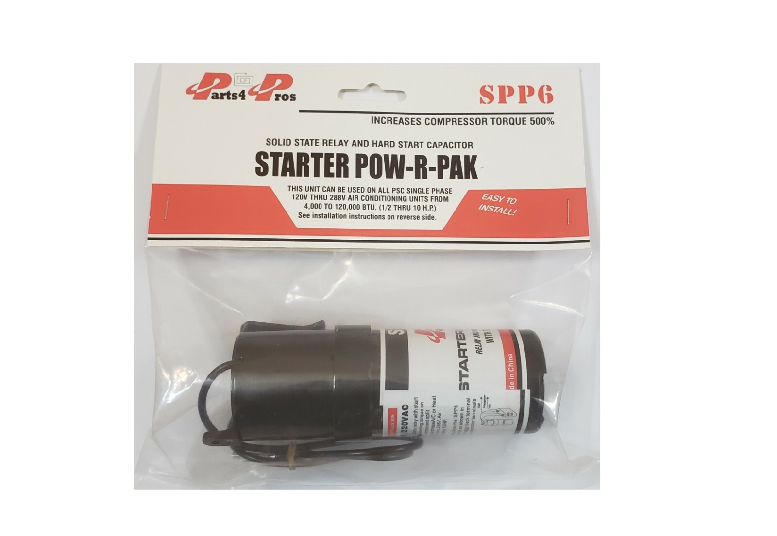 SPP6 Hard Start Kit Capacitor Relay 1/2HP-10HP Increases Torque 500% Pow-R-Pak