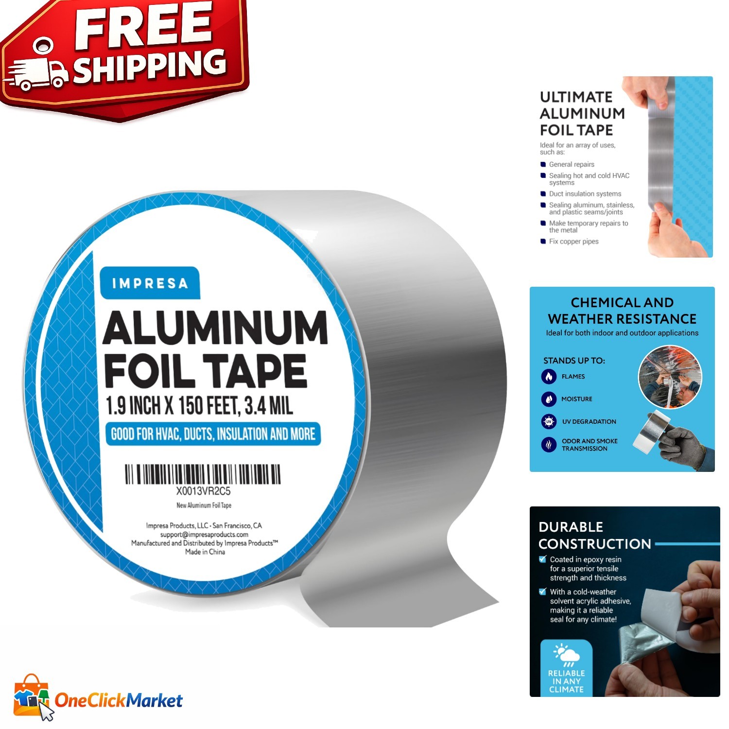 Silver Aluminum Duct Tape 1.9 in x 150 ft – Ideal for HVAC & Ductwork Sealing