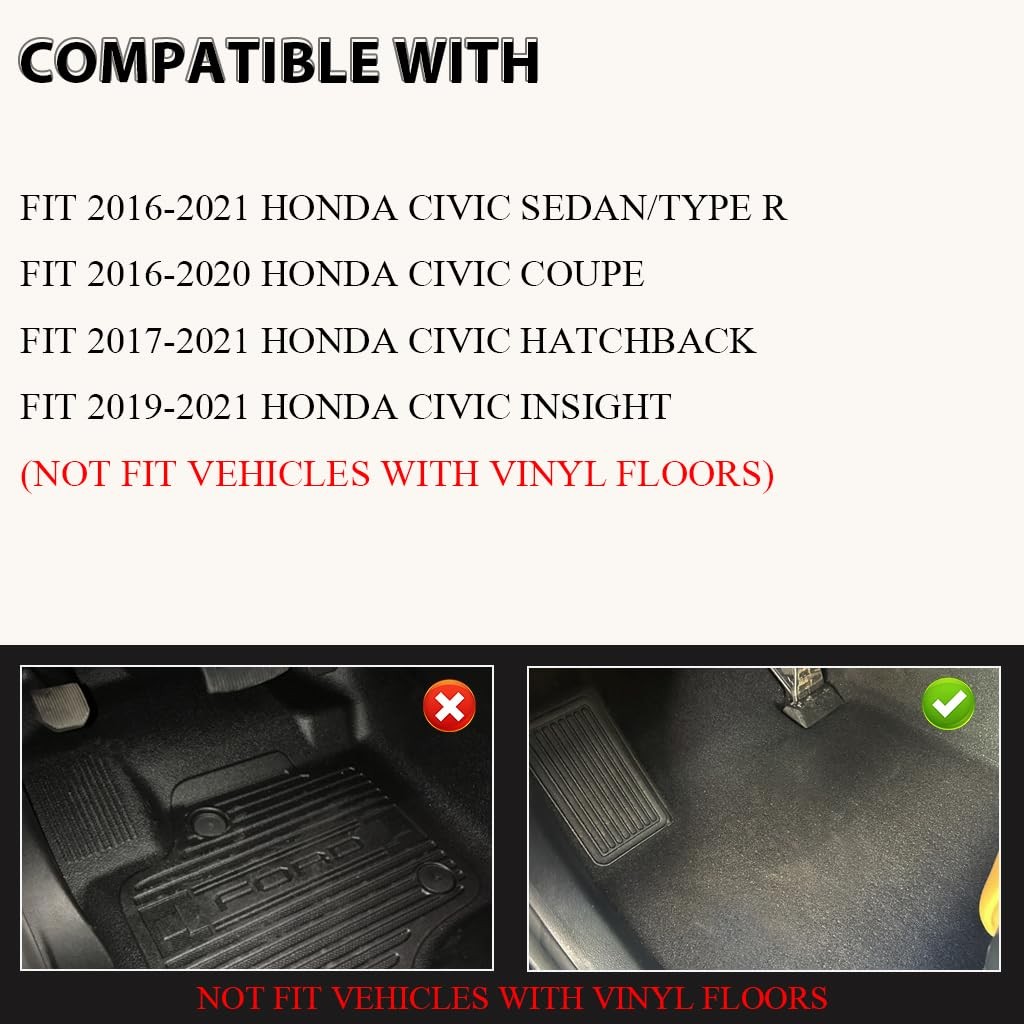 TPE Floor Mats for Honda Civic Sedan/Hatchback/Coupe 2016-2021 1st 2nd Row 3PCS