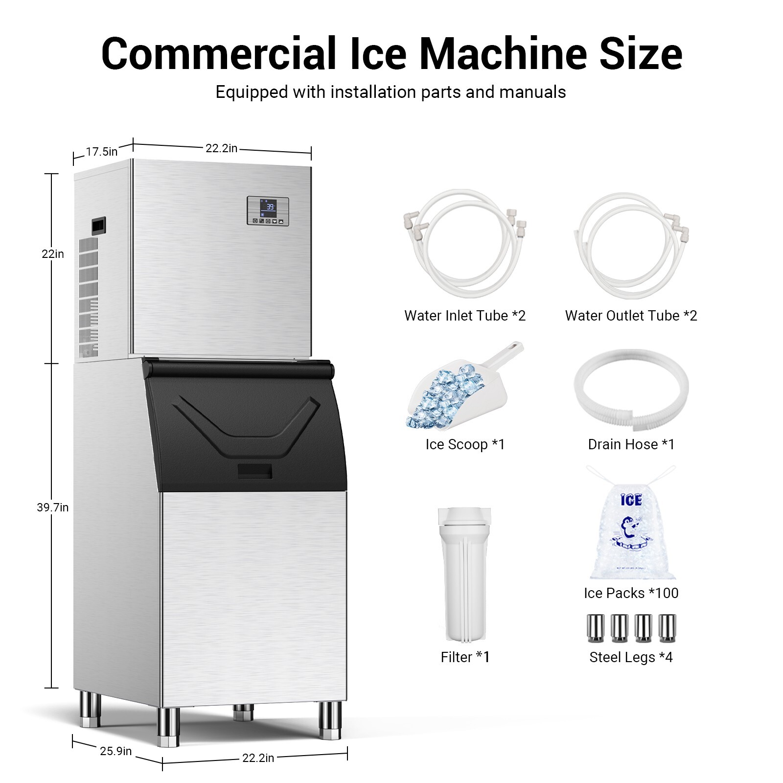 Commercial Ice Maker Machine 550lbs/24h 360LBS Storage Bin 210 Ice in 4-15Min