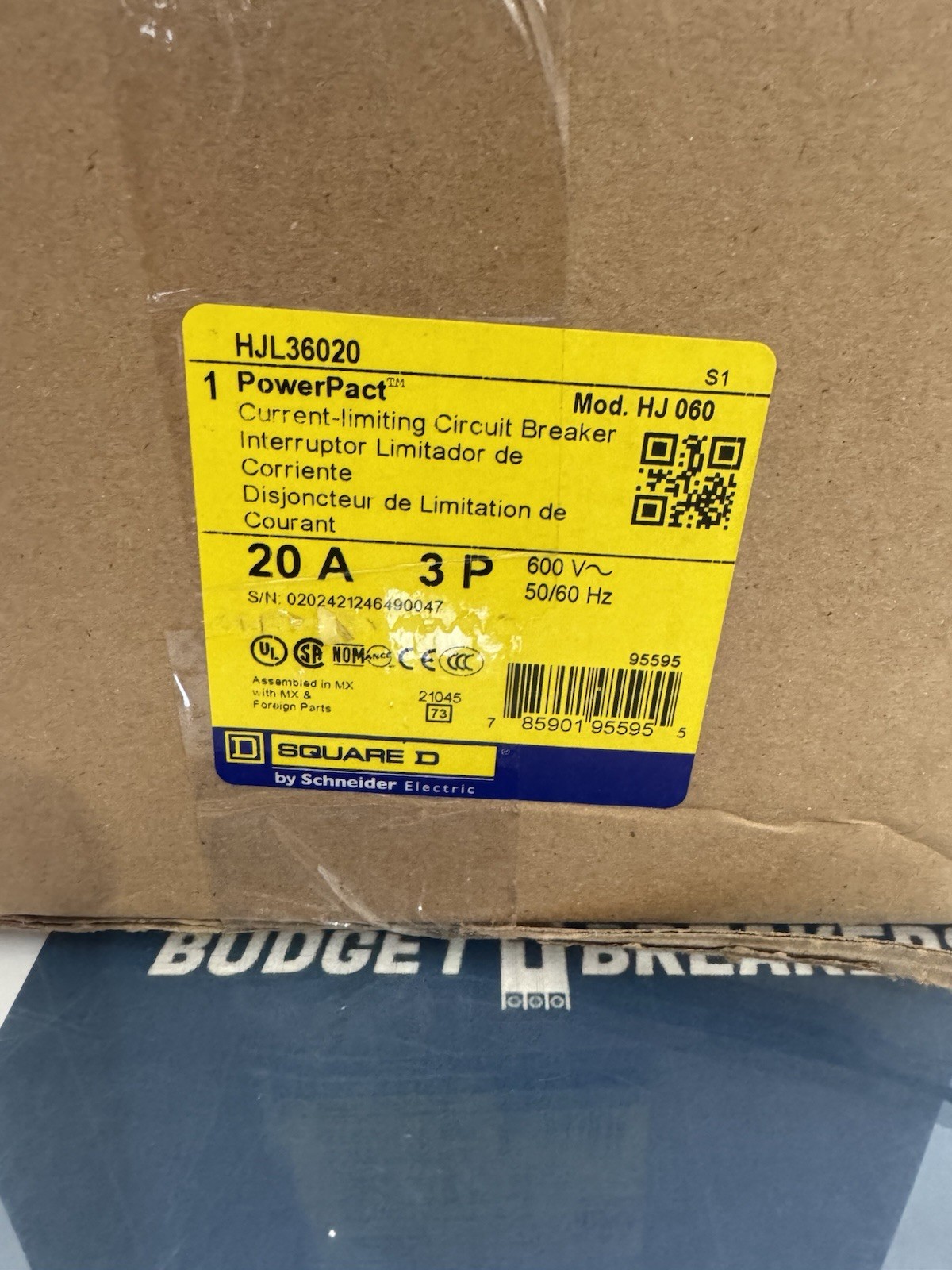 Square D HJL36020 PowerPact Circuit Breaker, 20A 3-Pole 600VAC 50/60Hz￼