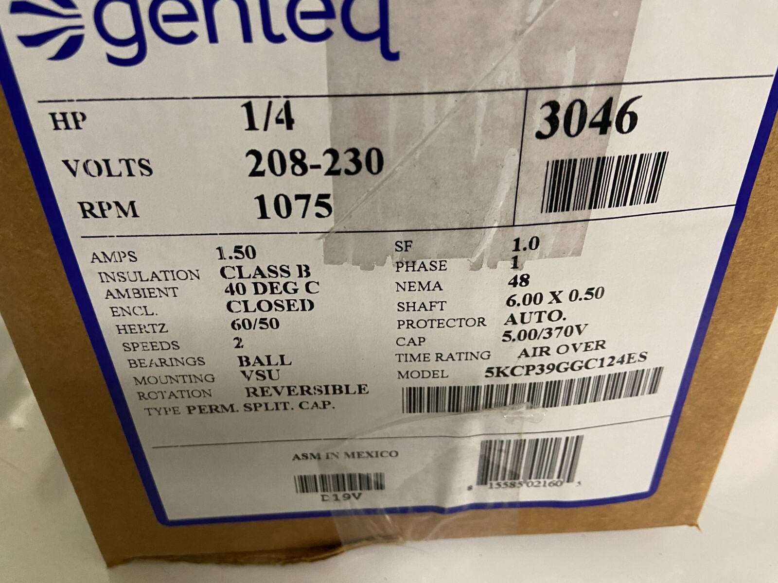 GE GENTEQ Motor 3046 1/4 HP 1075 RPM 208/230 Volt 5KCP399GG C124ES NEW