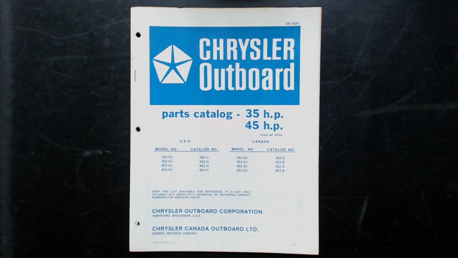 Chrysler Outboard 35 45 HP Parts Catalog OB2529 Manual Tiller 1976