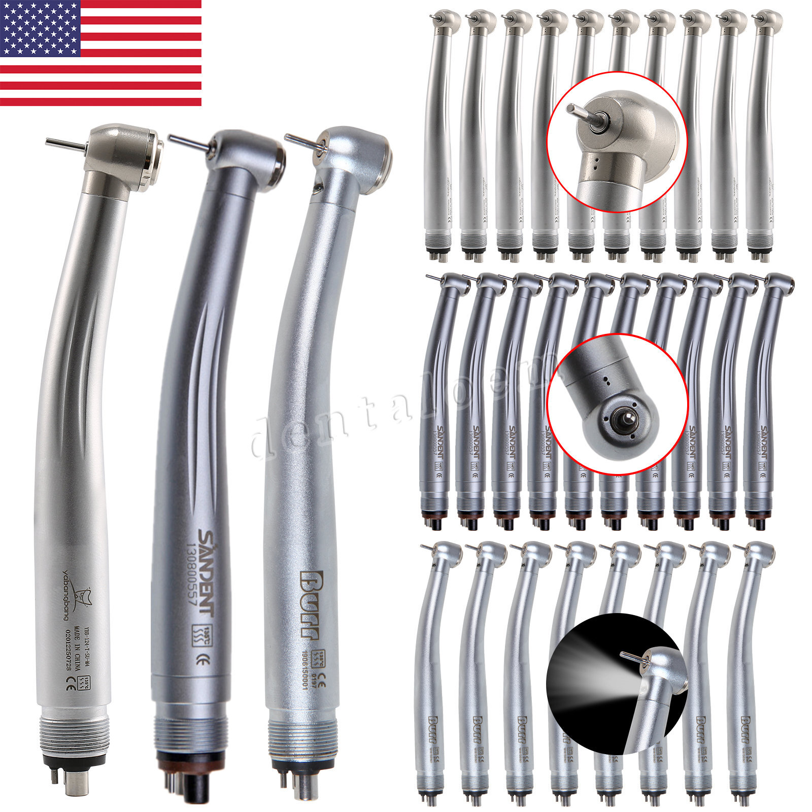 1-10pcs Dental High Speed Turbine Handpiece (LED E-generator) 4 Hole Push Button