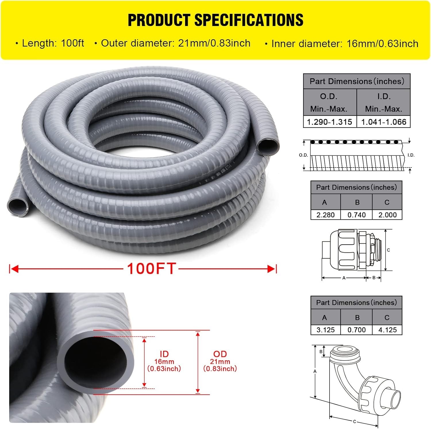 Liquid-Tight Conduit Kit 100ft 1/2inch Copper Metal PVC