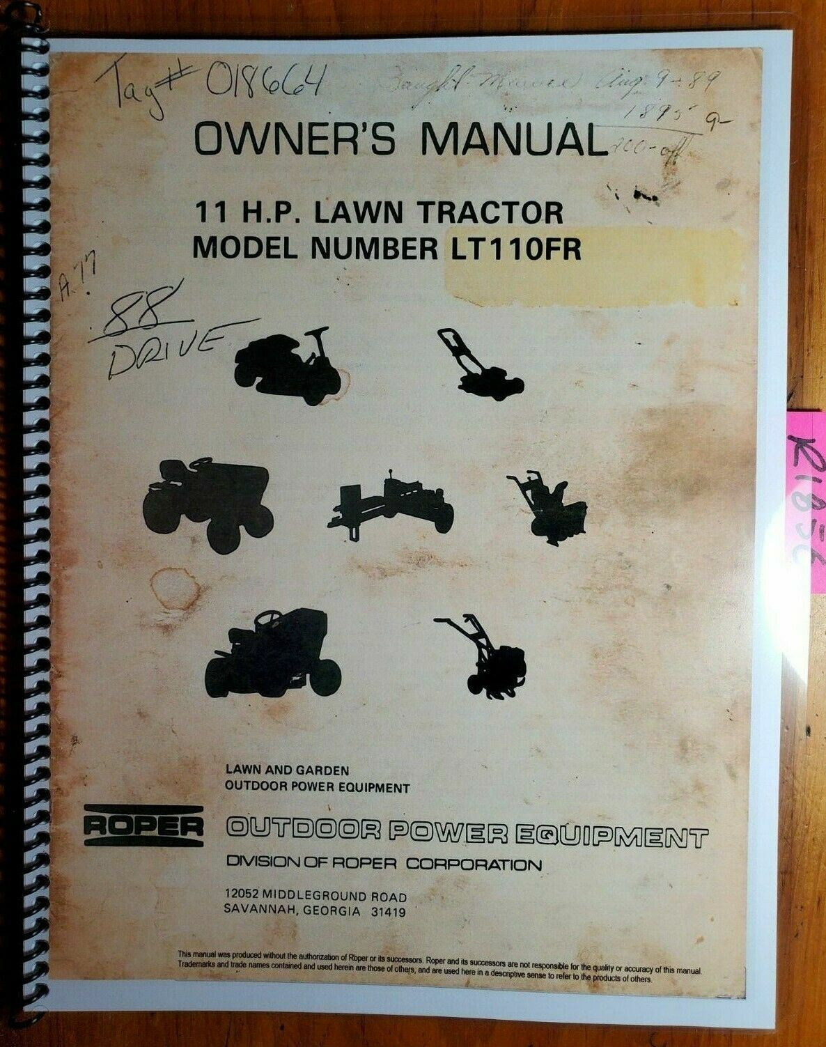 Roper LT110FR LT110 11 HP Lawn Tractor 38″ Mower Owner Operator Parts Manual ’87