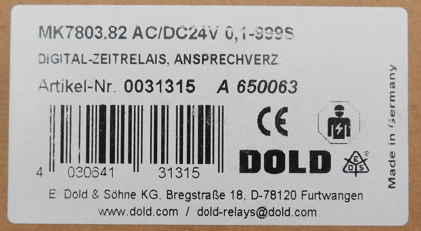 Dold MK7803.82 AC/DC24V 0.1-999S 0031315 Digital Timing Relay -Unused/Original Box-