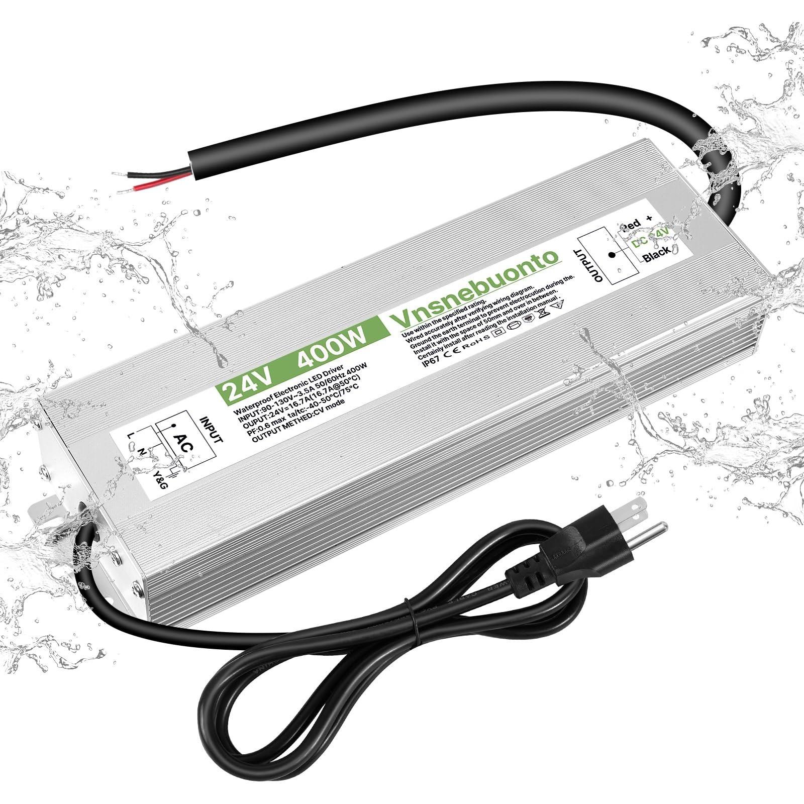 24V Power Supply 400W, 90-130V AC to 24V DC 16.7A Converter, IP67 Waterproof …