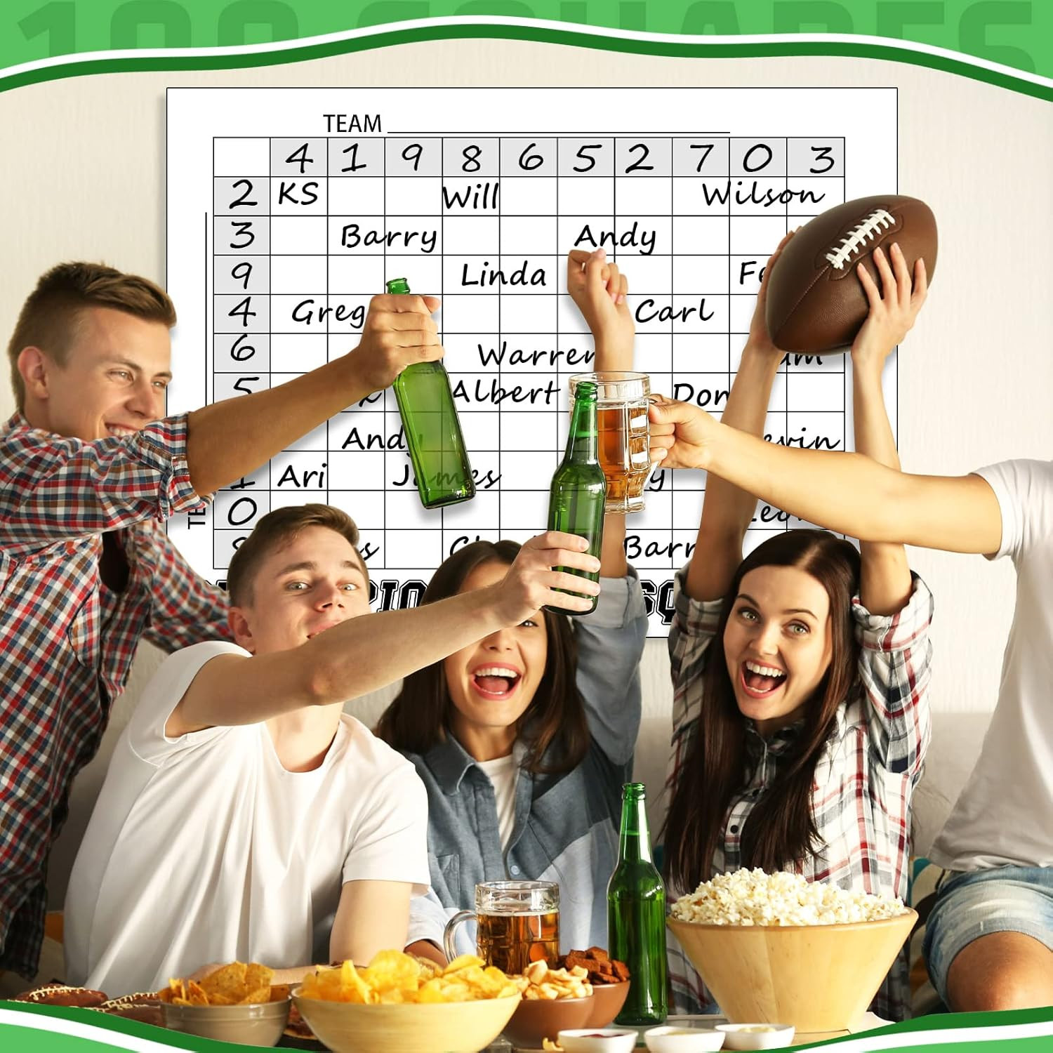 100 Football Squares Board Dry Erase – 24 X 36 Inch Reusable Office Pool Game Po
