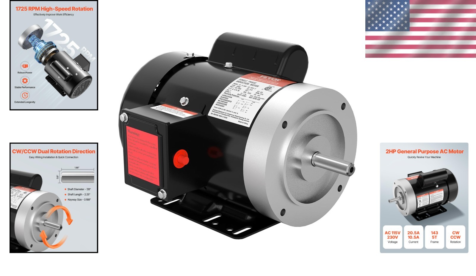 Durable 3/4HP Electric Motor with Overload Protection, Ideal for DIY Projects