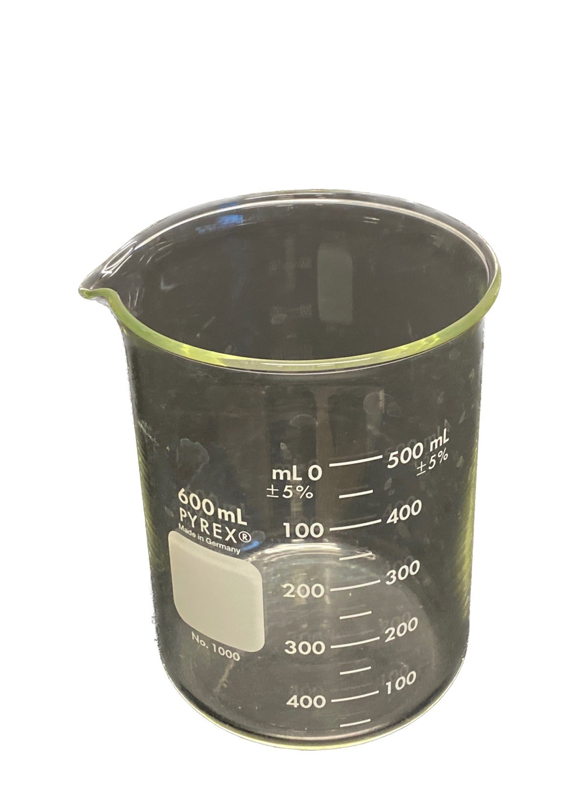 CORNING PYREX Glass 600mL Low Form Dual Scale Graduated Griffin Beaker 1000-600