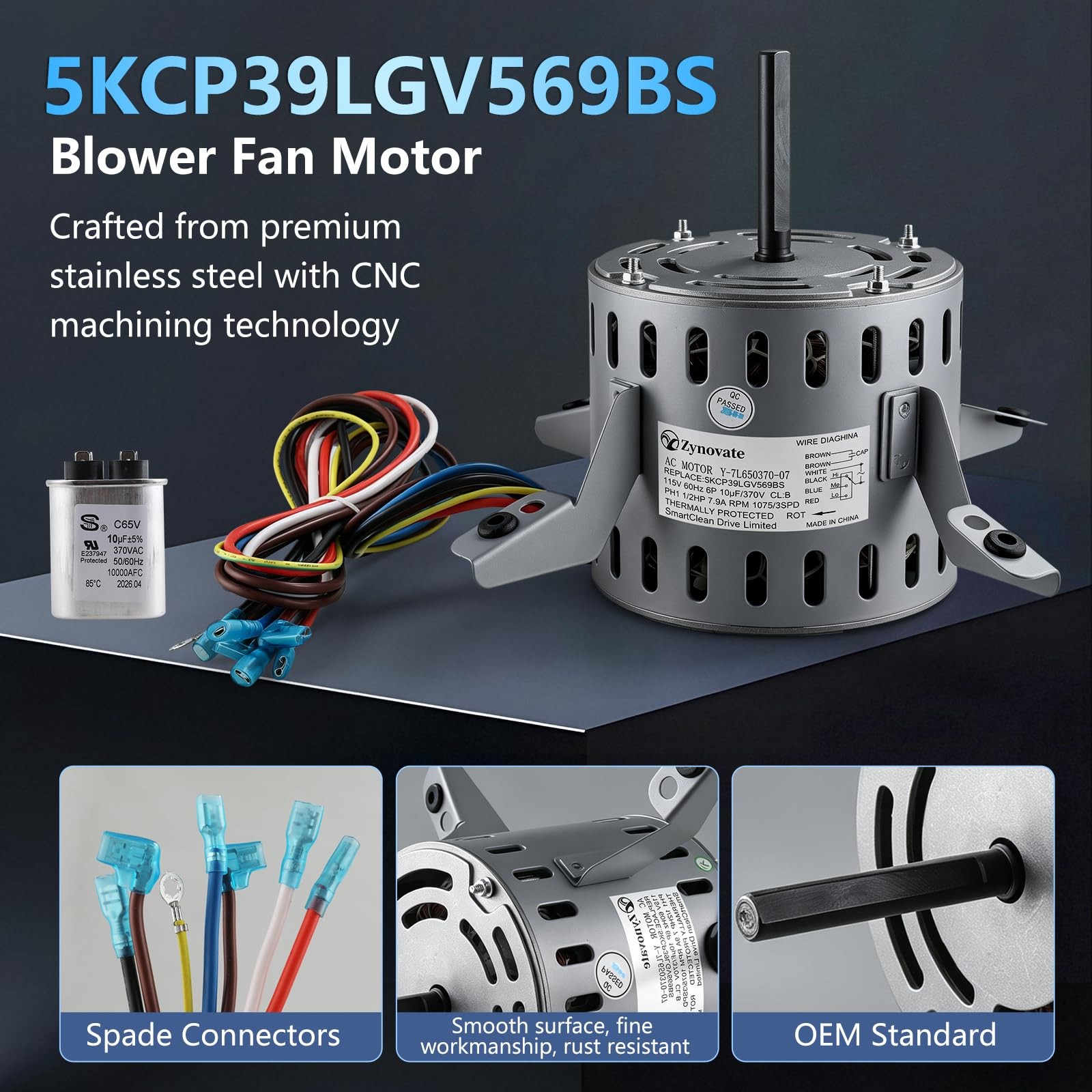 5KCP39LGV569BS Blower Fan Motor 1/2 HP 115V 60Hz 1075RPM 3-Speed 7.9A GE Bryant