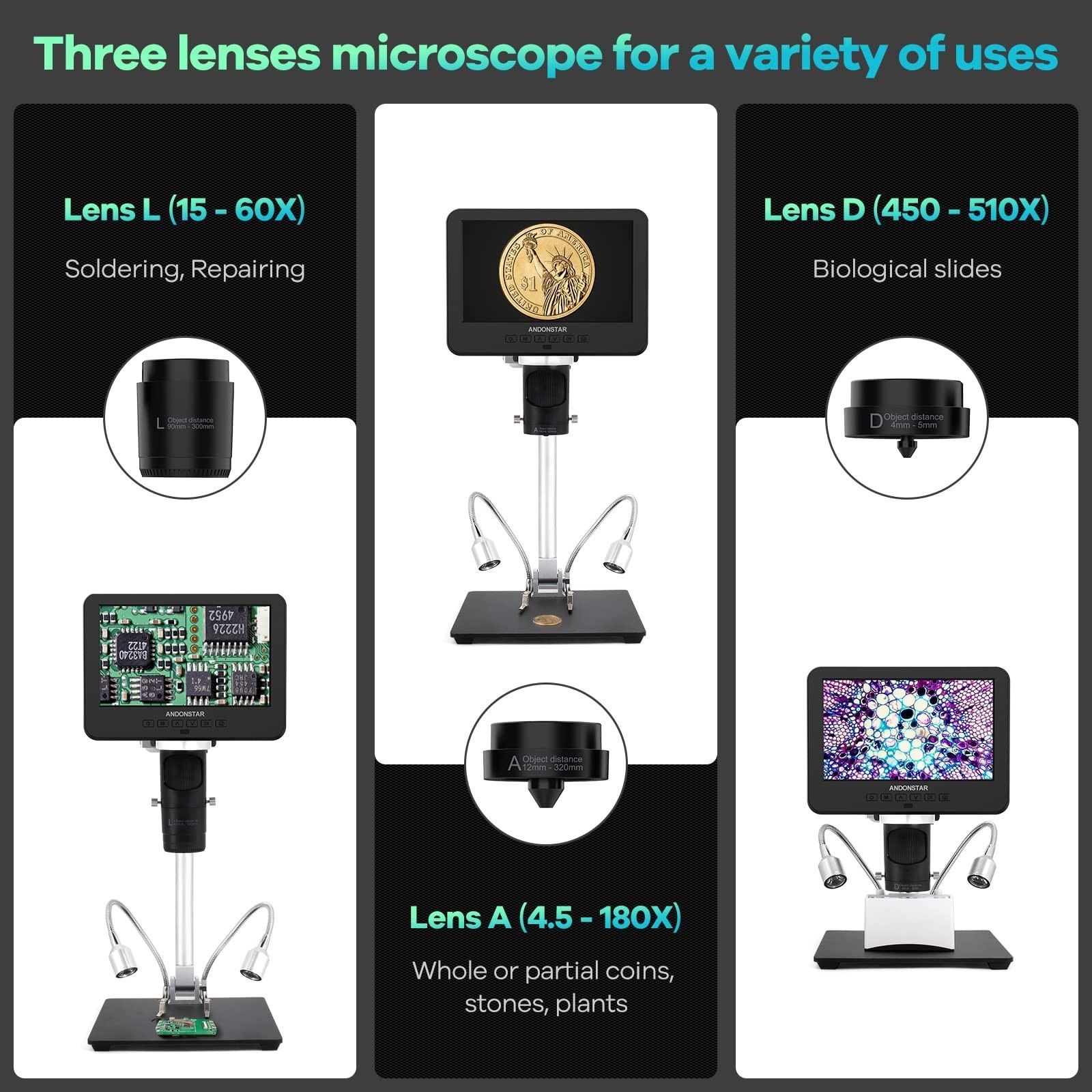 Andonstar AD246-M Digital Microscope for Adults, 3 Lens Soldering M… Fast Ship