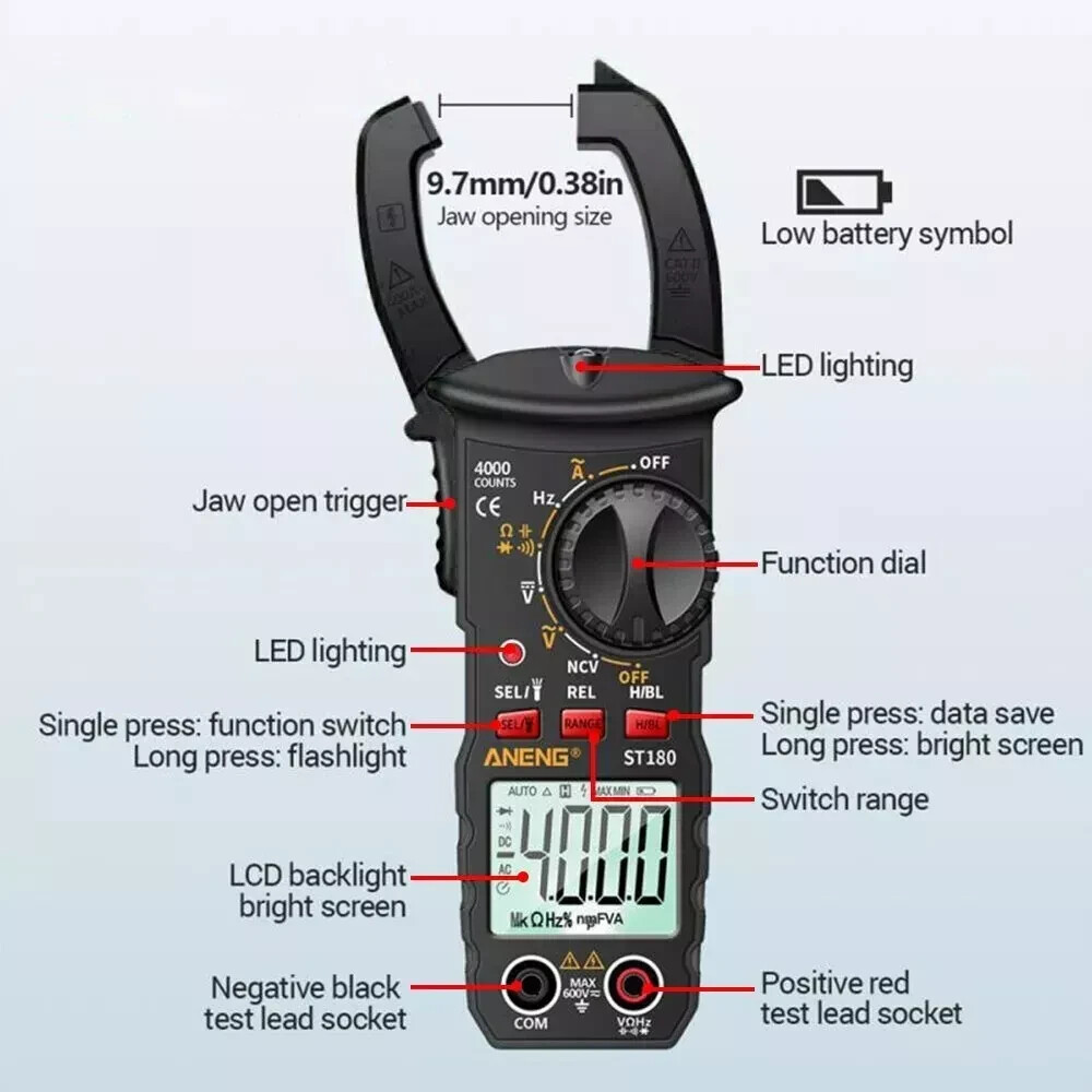 Digital Multimeter Tester AC DC Voltage RMS Amp Clamp Meter Auto Range Handheld