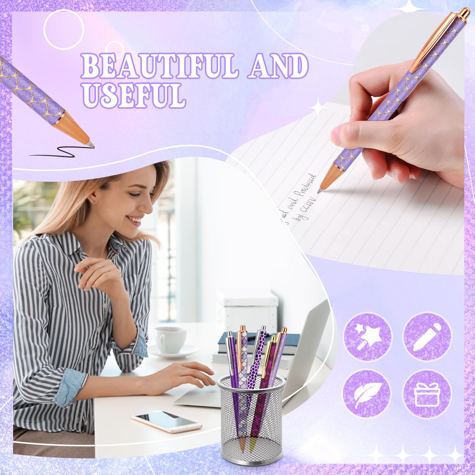 8 Pcs Purple Sparkly Pens for Women – Cute Glitter Ballpoint Pens with 10 Ref…
