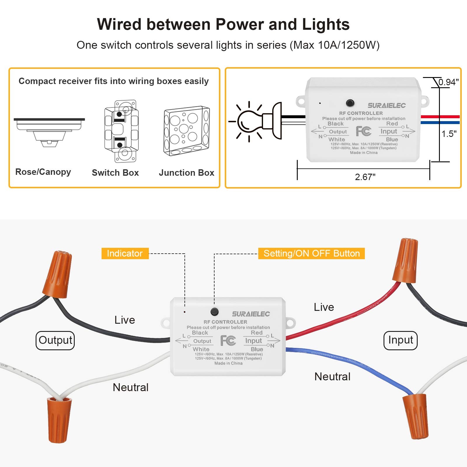 SURAIELEC 3 Way Wireless Light Switch, No Wiring, WiFi, 100ft RF White