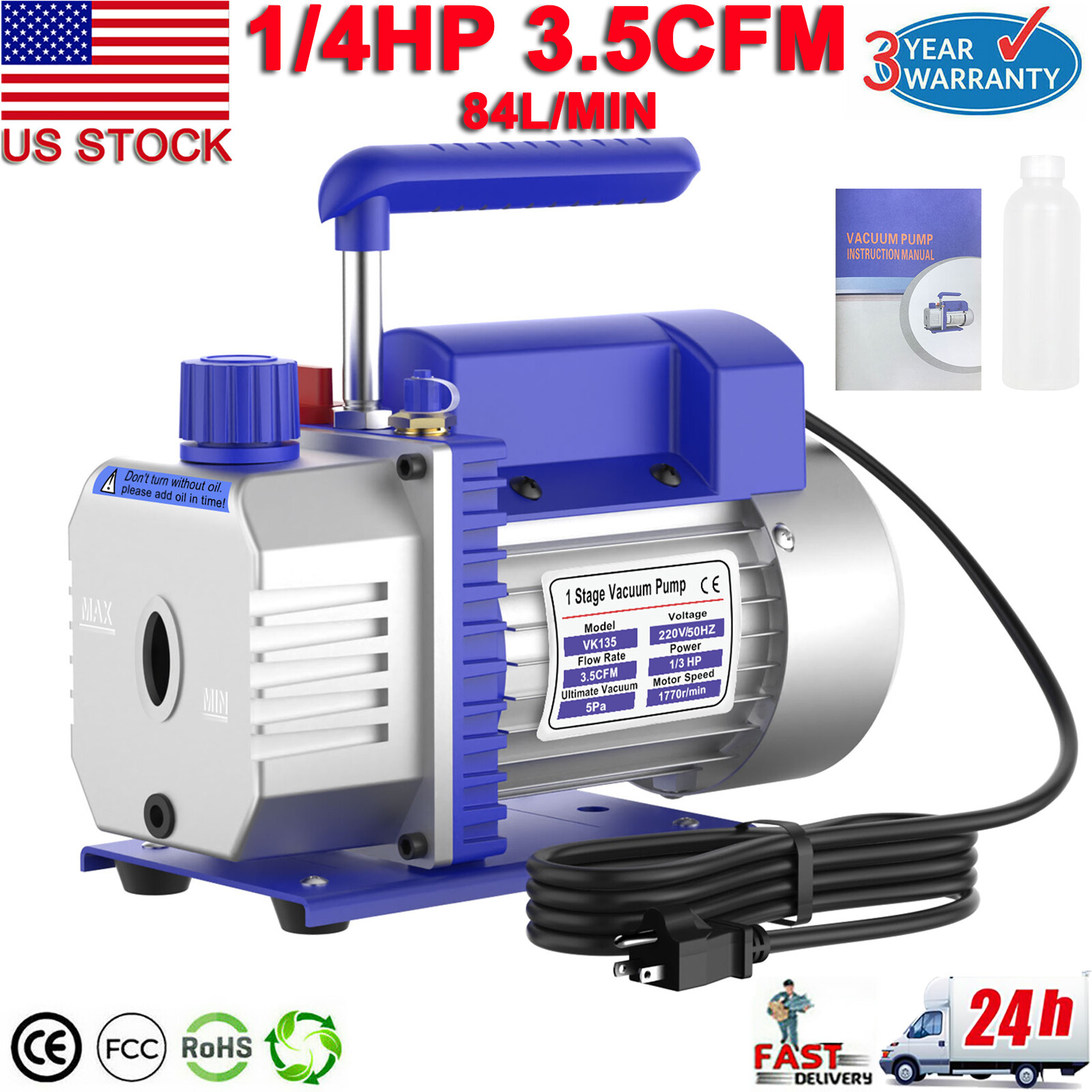 3CFM 1/4hp Air Vacuum Pump HVAC/Auto AC Refrigerant Charging Manifold Gauge Set