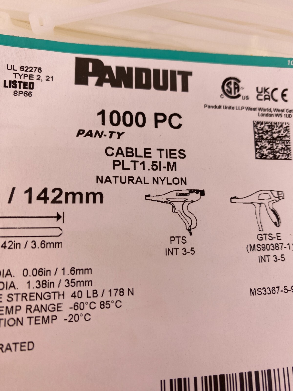 Panduit PLT1.5I-M Cable Ties 6″(5.6″) Long 40lb Tensile Strength, 1000/Bag