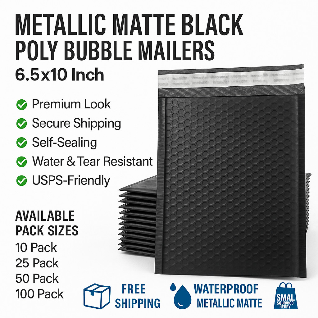 #0 Poly Bubble Mailers 6.5×10 – Self-Seal Padded Envelopes –Metallic Matte Black