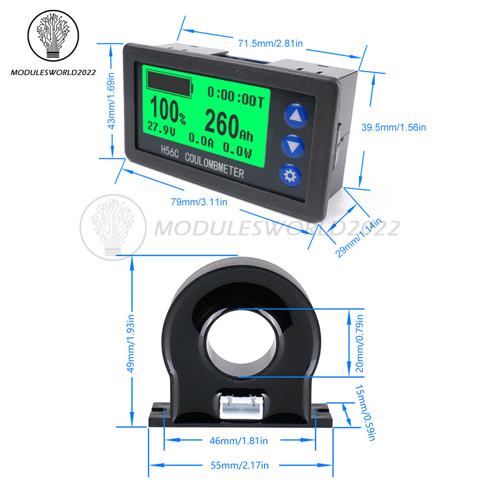 DC 9-100V 100A/400A Battery Level Monitor Hall Coulomb Meter Voltmeter Ammeter