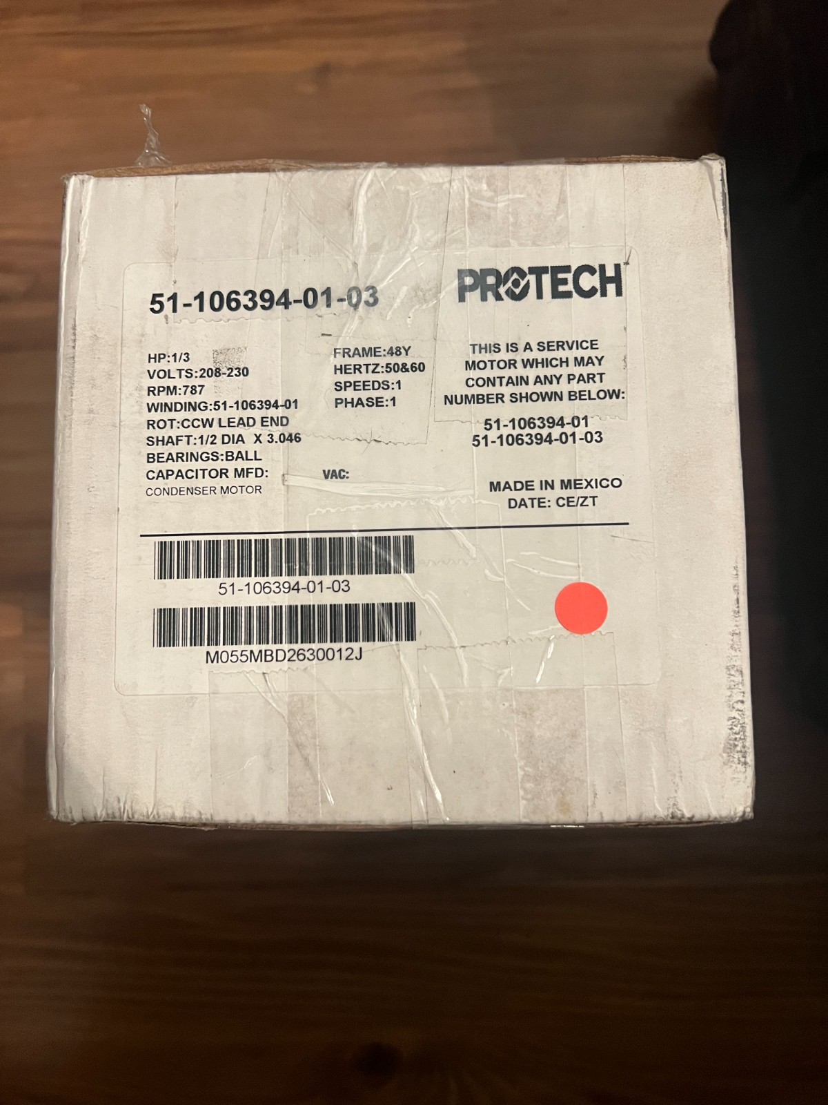 Protech 51-106394-01 Condenser Motor, 1/3 HP 208-230/1/50-60 (1075 RPM/1 Speed)