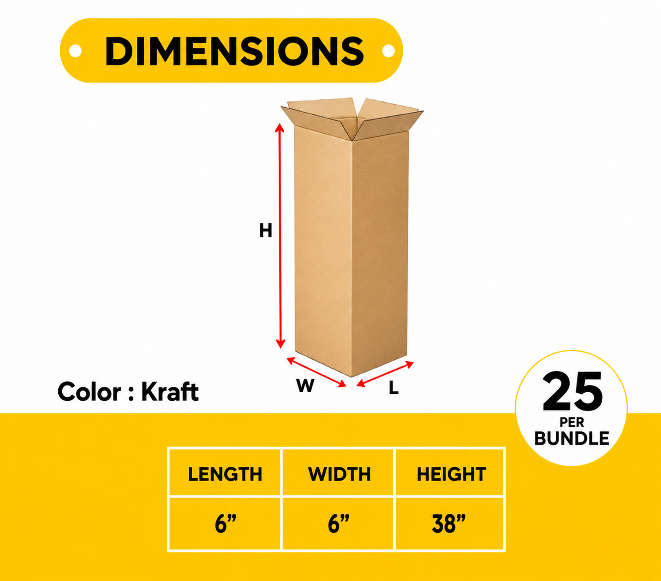 25 Boxes 6x6x38″ Tall Corrugated Shipping Boxes ECT-32 Brown Packing Cartons