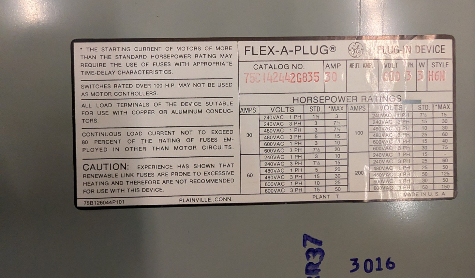 New GENERAL ELECTRIC 75C142442G85, 30 AMP, 600 VOLT, 3P3W Armor Clad Buss Plug
