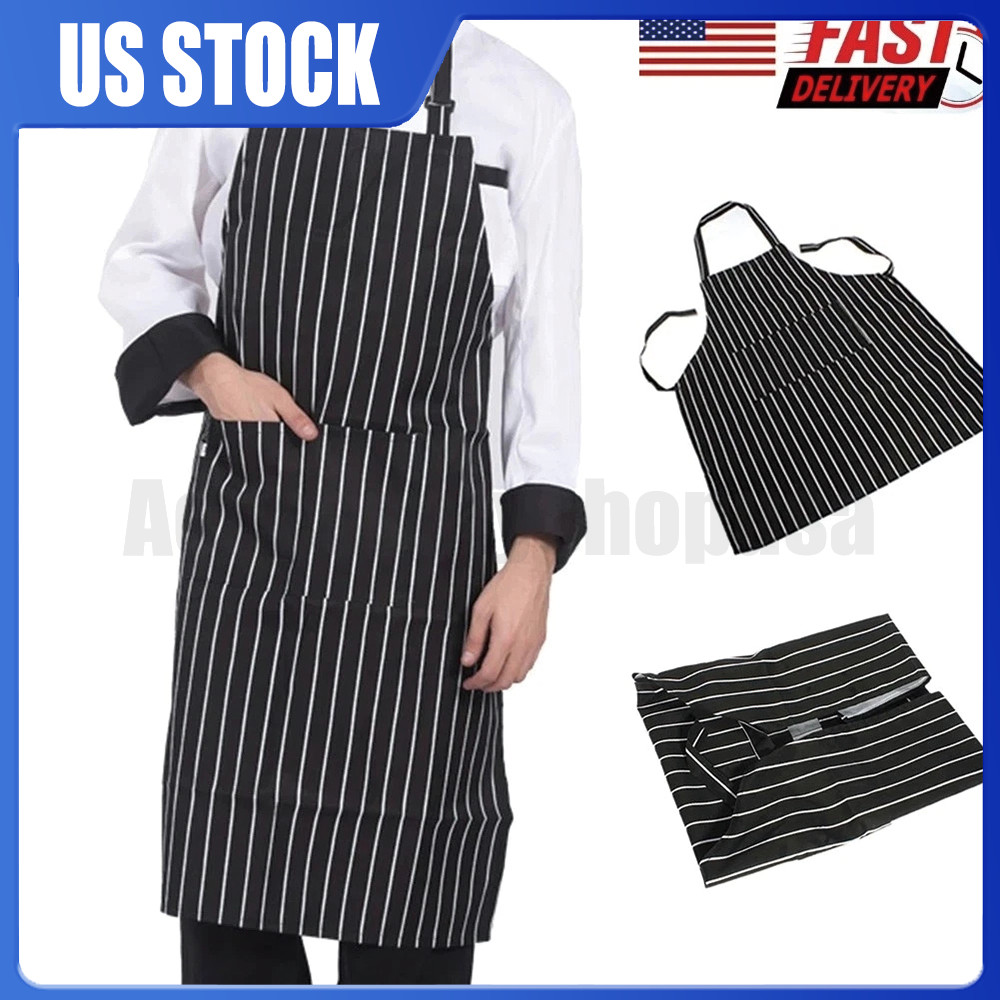 1Pc Kitchen Aprons Striped Cooking Chef Adjustable Bib Apron with 2 Pockets