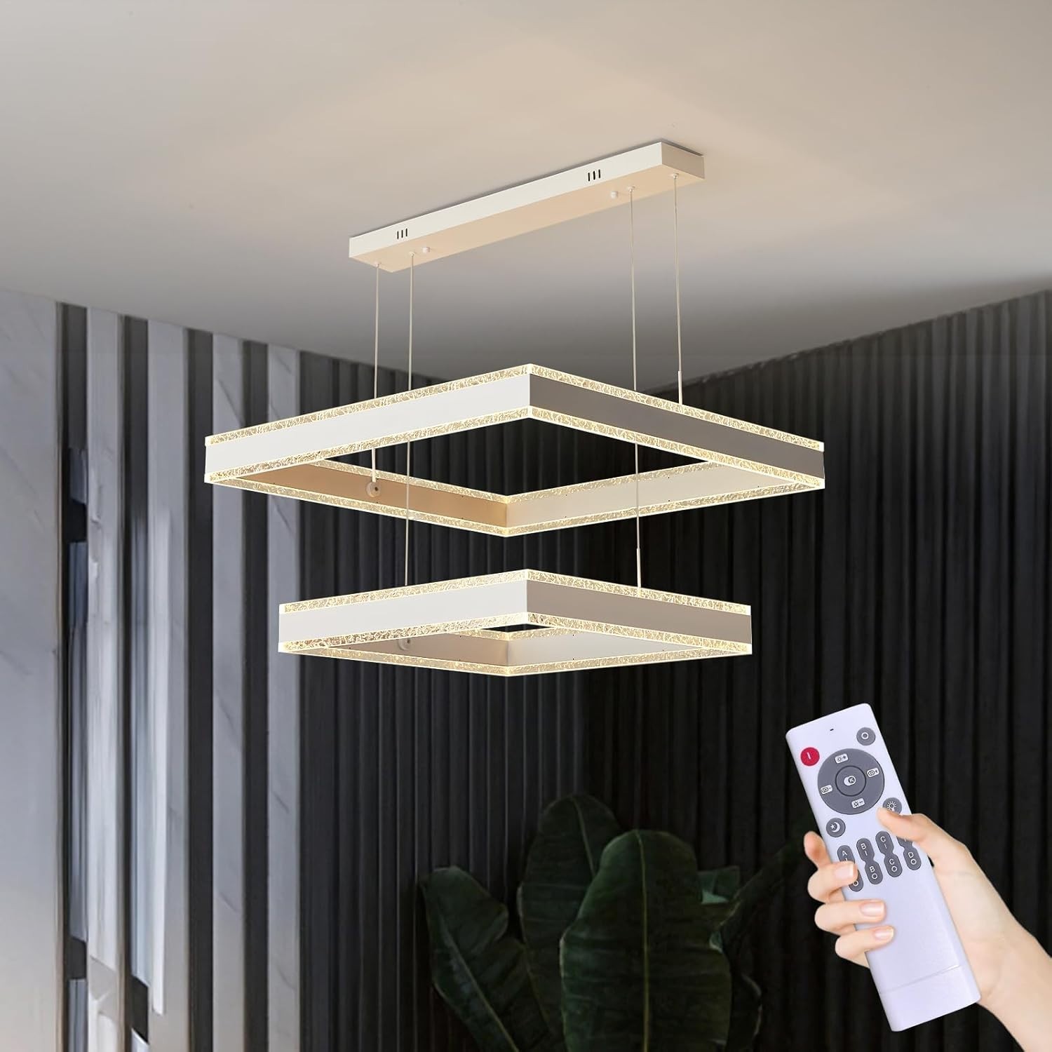 White Square 2-Ring LED Chandelier Dimmable Ceiling Light w/ Remote Control