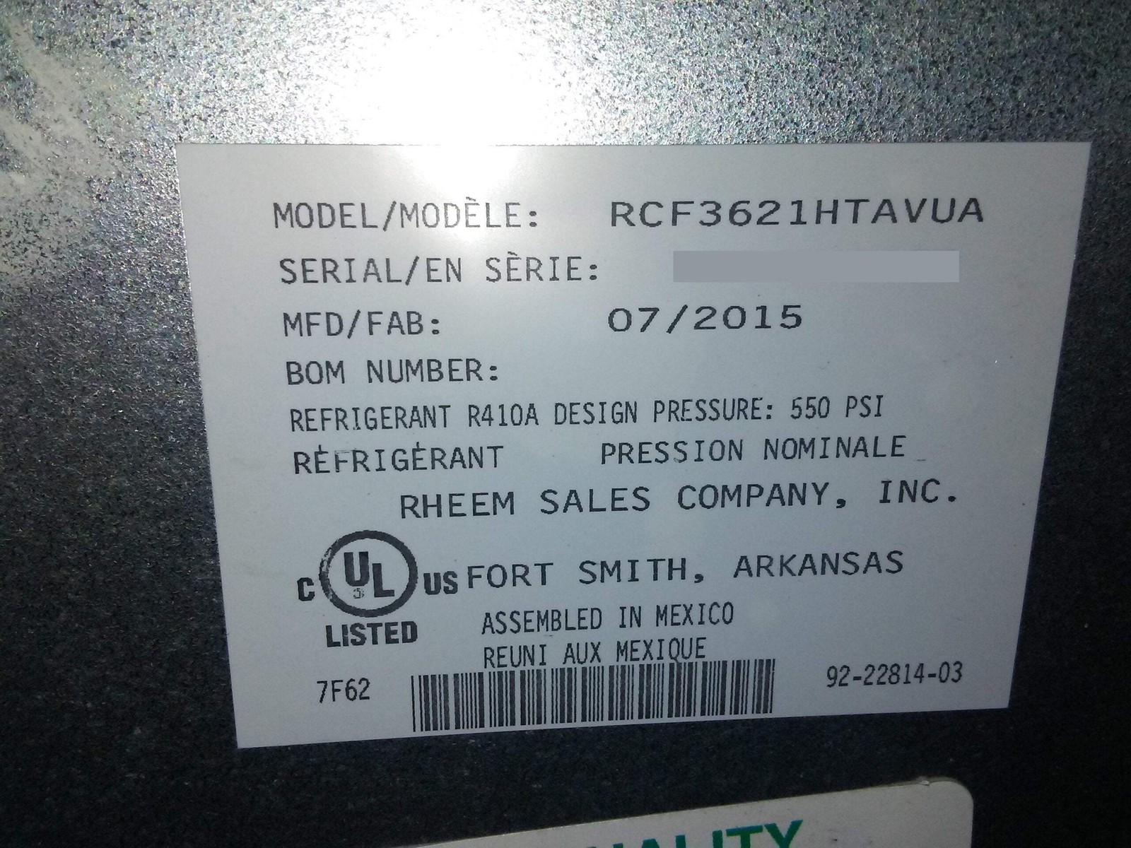 RHEEM RCF3621HTAVUA 3 TON UPFLOW HIGH EFFICIENCY UNCASED «A» COIL R410A 182497