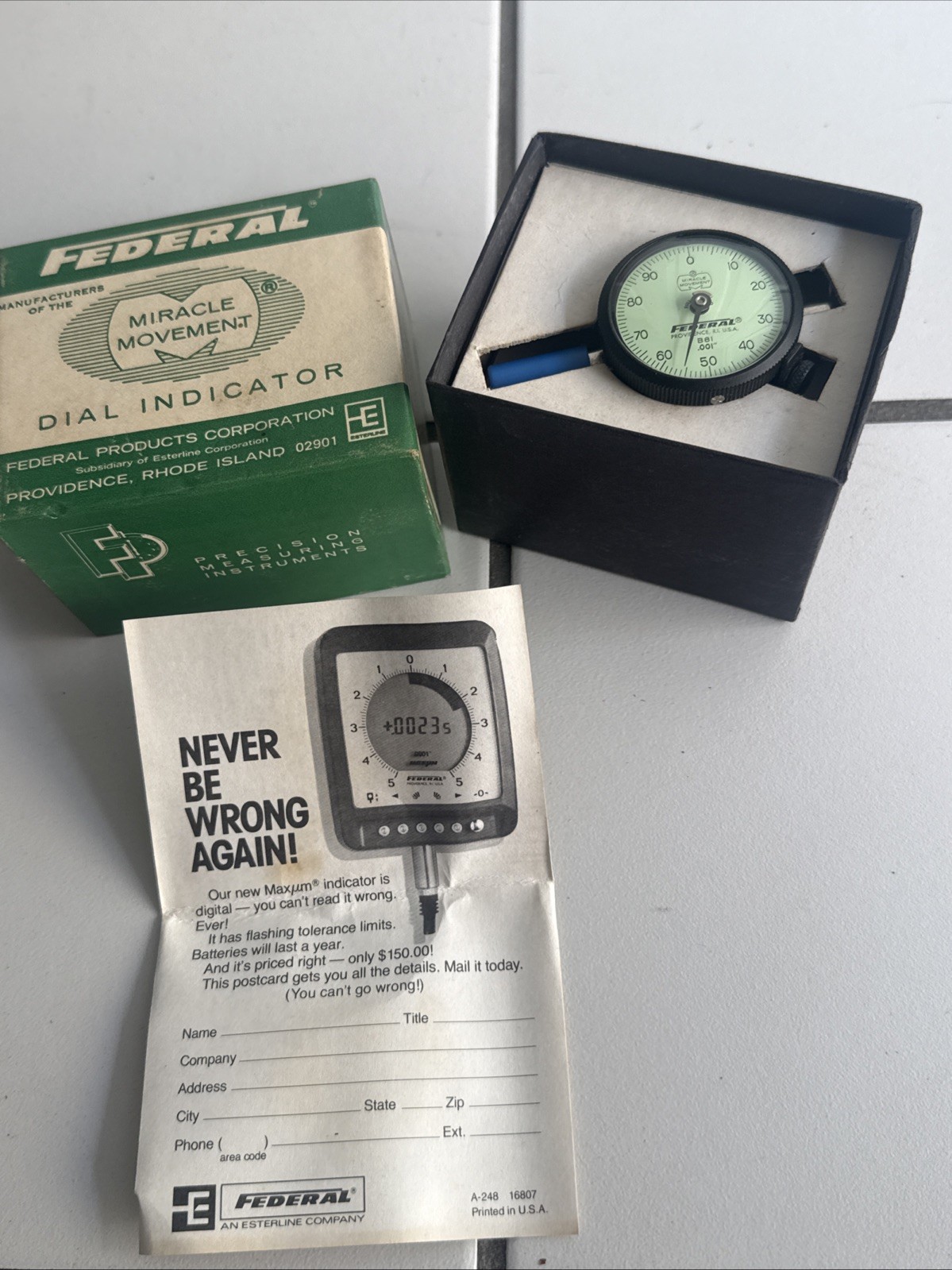 Federal B81 Dial Indicator .001″ Fully Jeweled Miracle Movement In Box Esterline