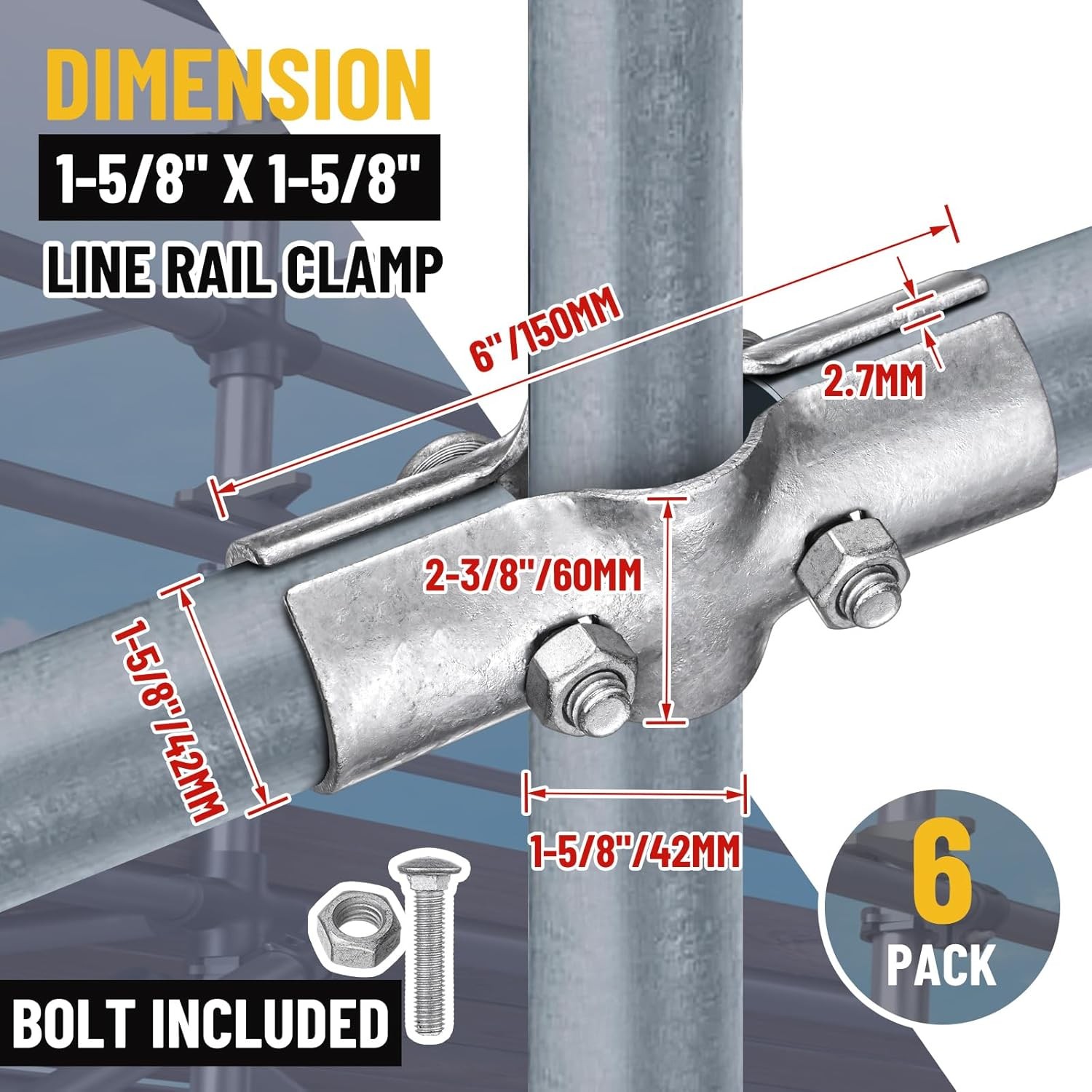 6 Pack 1-5/8″ Line Rail Clamp for Chain Link Fence, 1-5/8, Silver