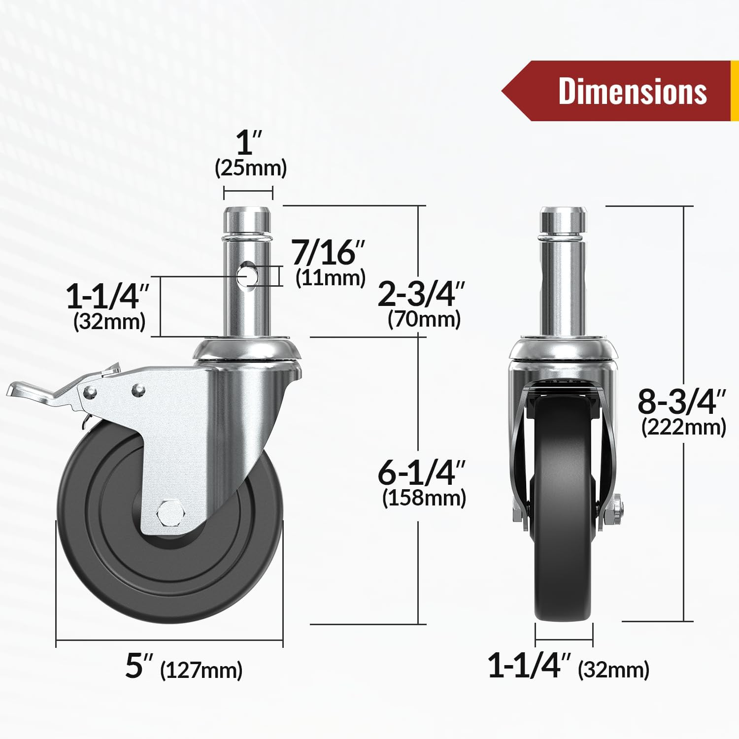 5″ Dual Locking Caster Wheels Set of 4, 1190 Lbs Capacity