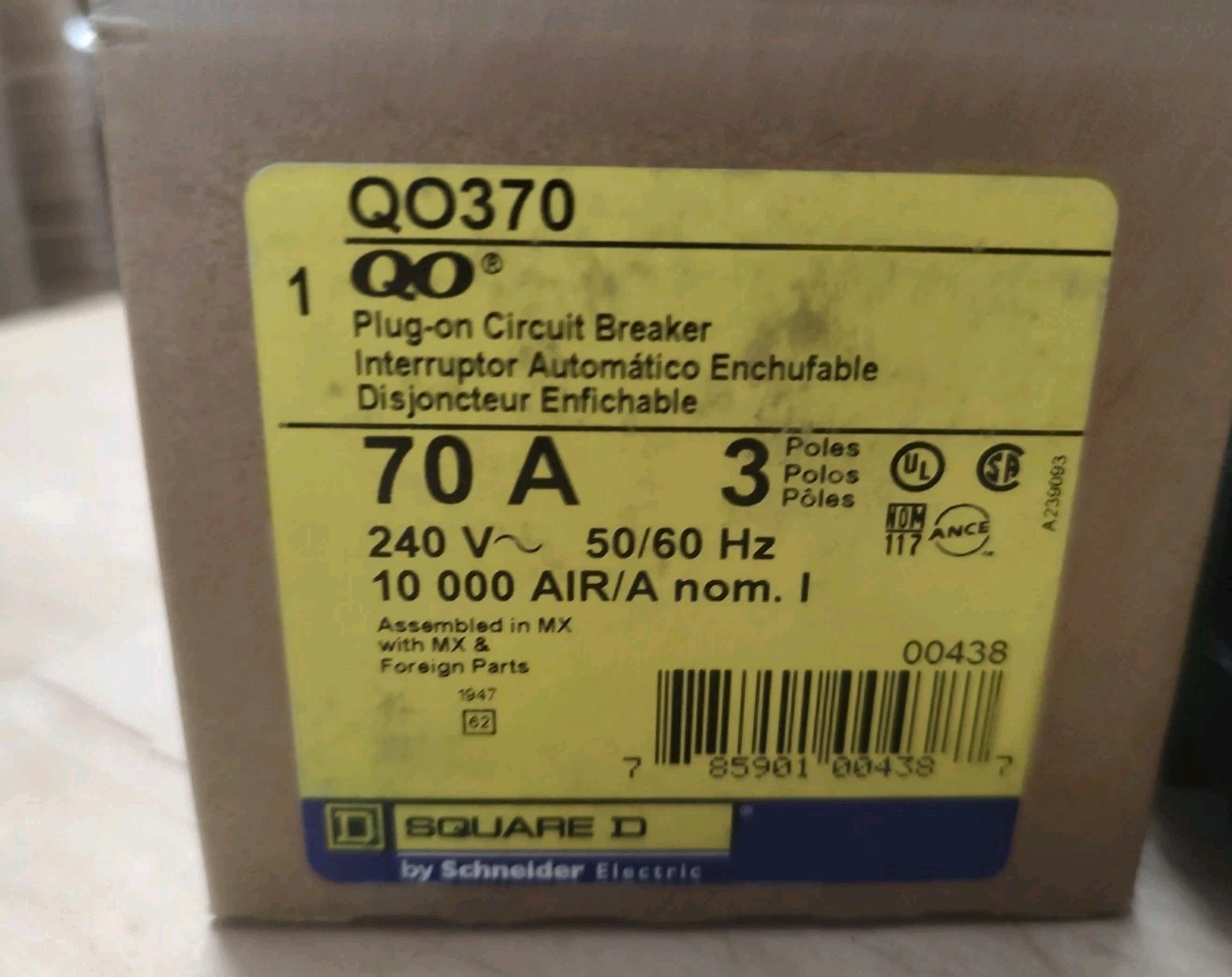 NEW Square D QO370 Type QO Plug-In Miniature Circuit Breaker 70 A 3 Pole 240 V