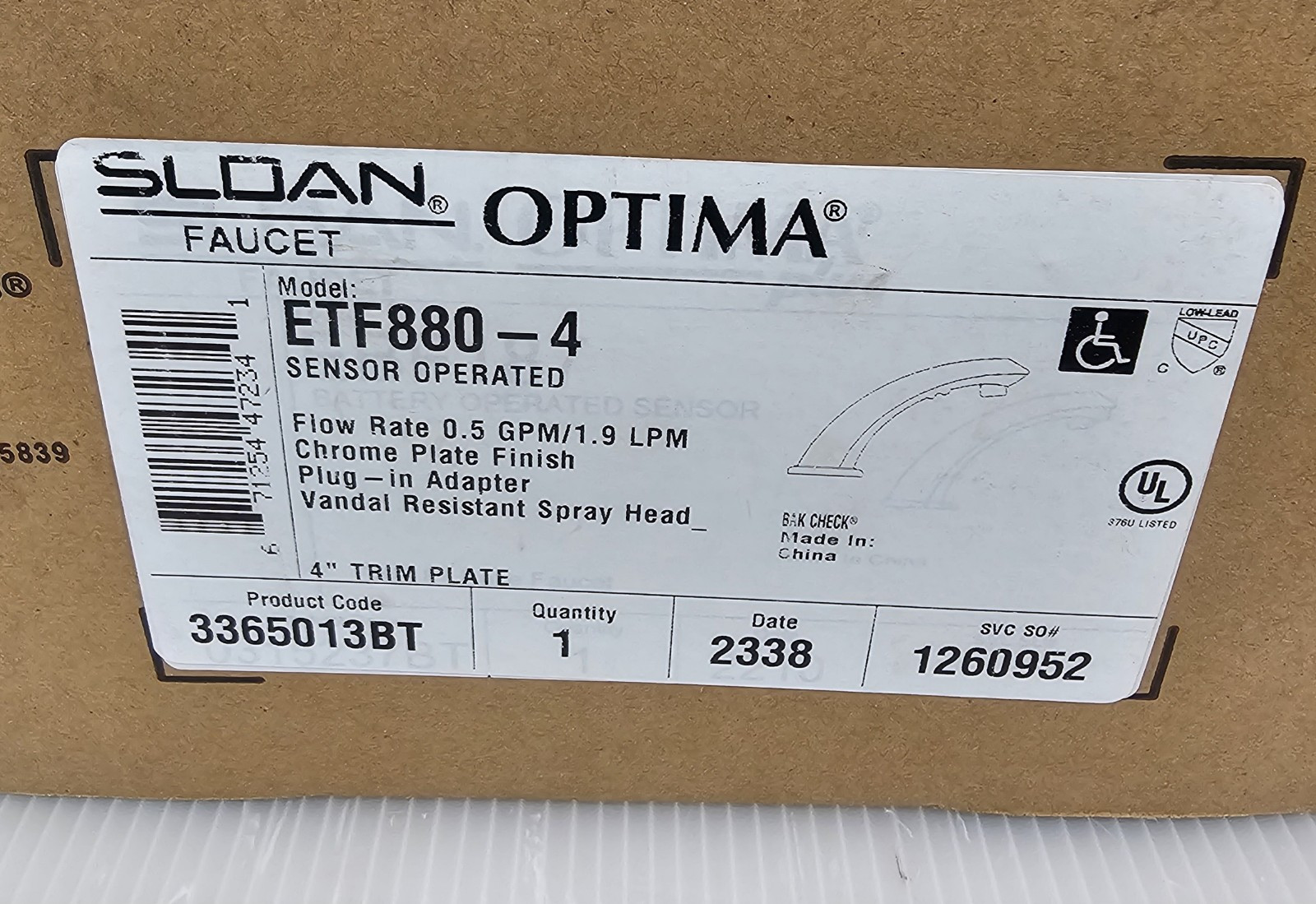 Sloan Optima Faucet ETF880-4 Sensor Operated, Chrome,Plug In Adapter, NEW