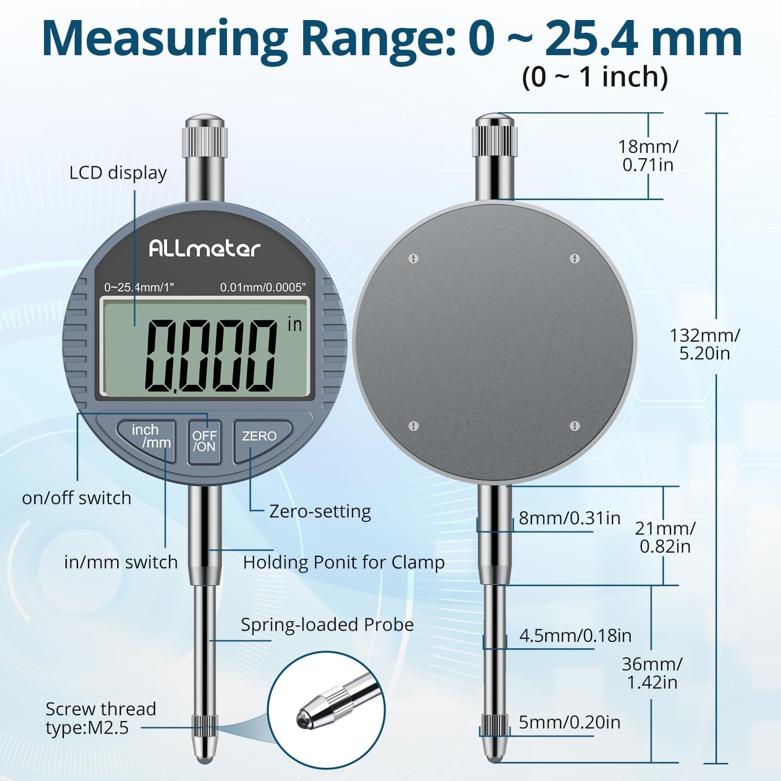 Digital Dial Indicator 01 Inch 25.4mm 0.0005 Inch 0.01mm LCD Display