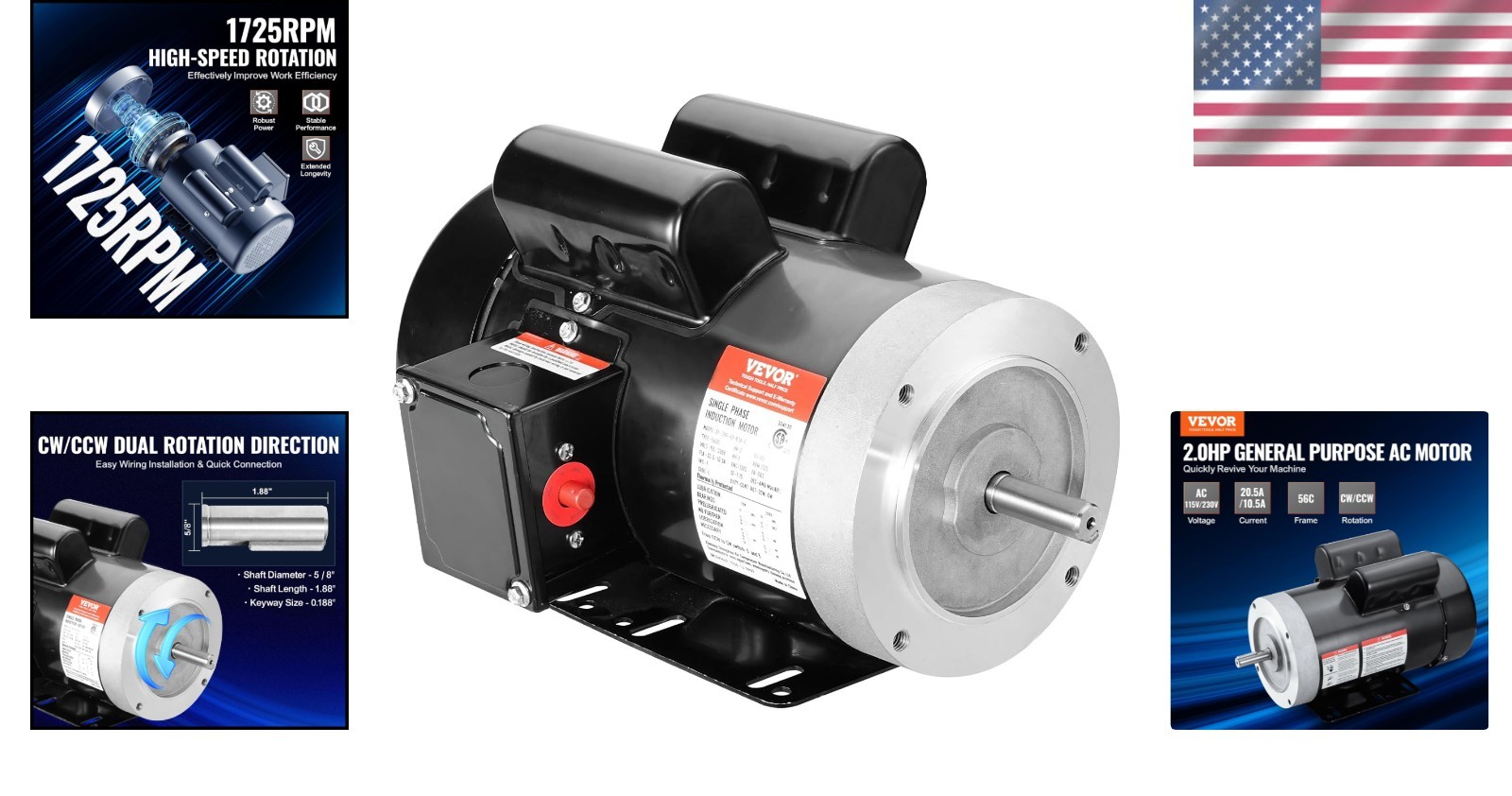 Reversible Rotation 2HP Electric Motor 56C Frame