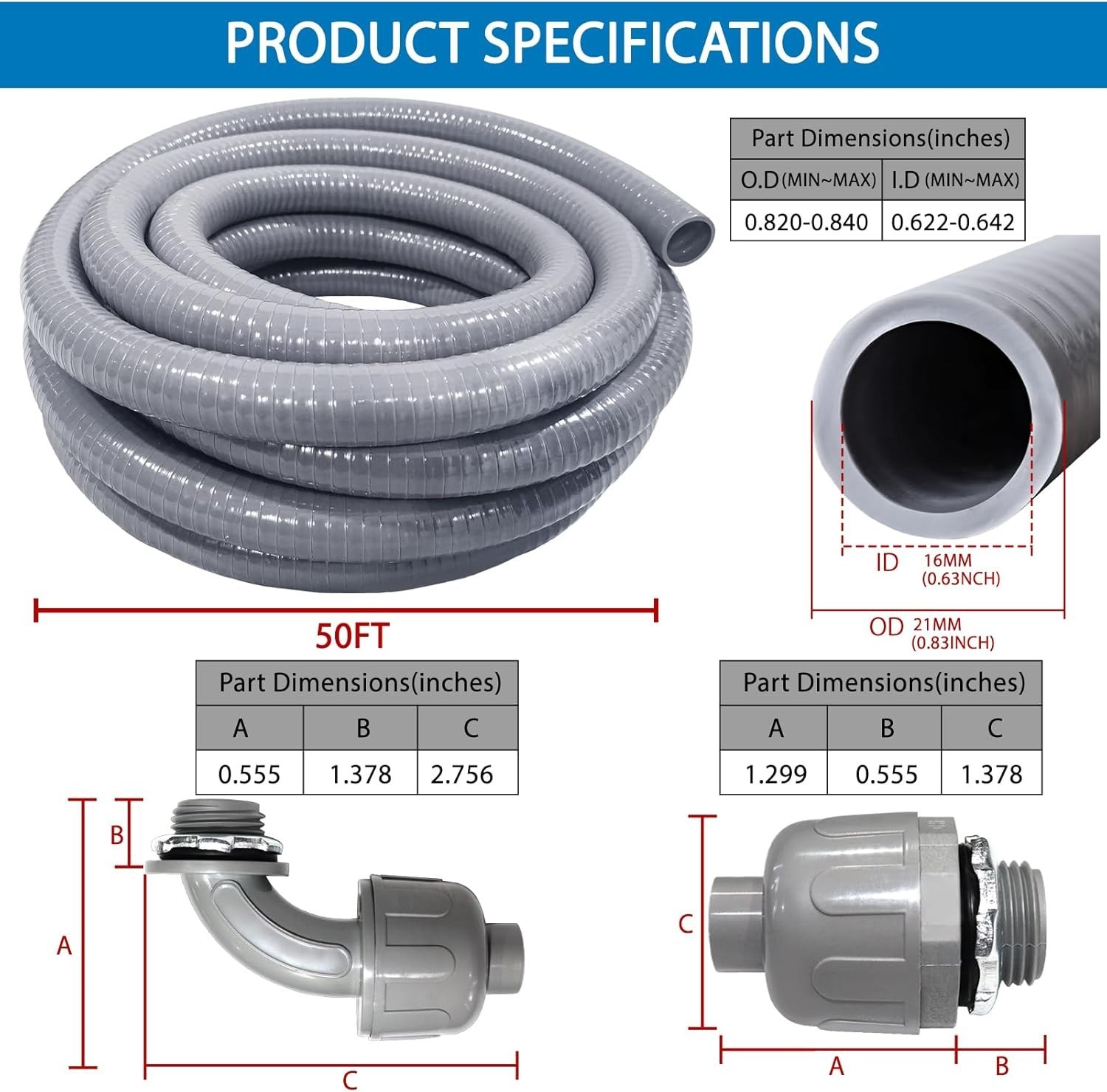 Durable 50 ft Liquid-Tight Conduit Kit with 8 Connectors – Ideal for Outdoor Use