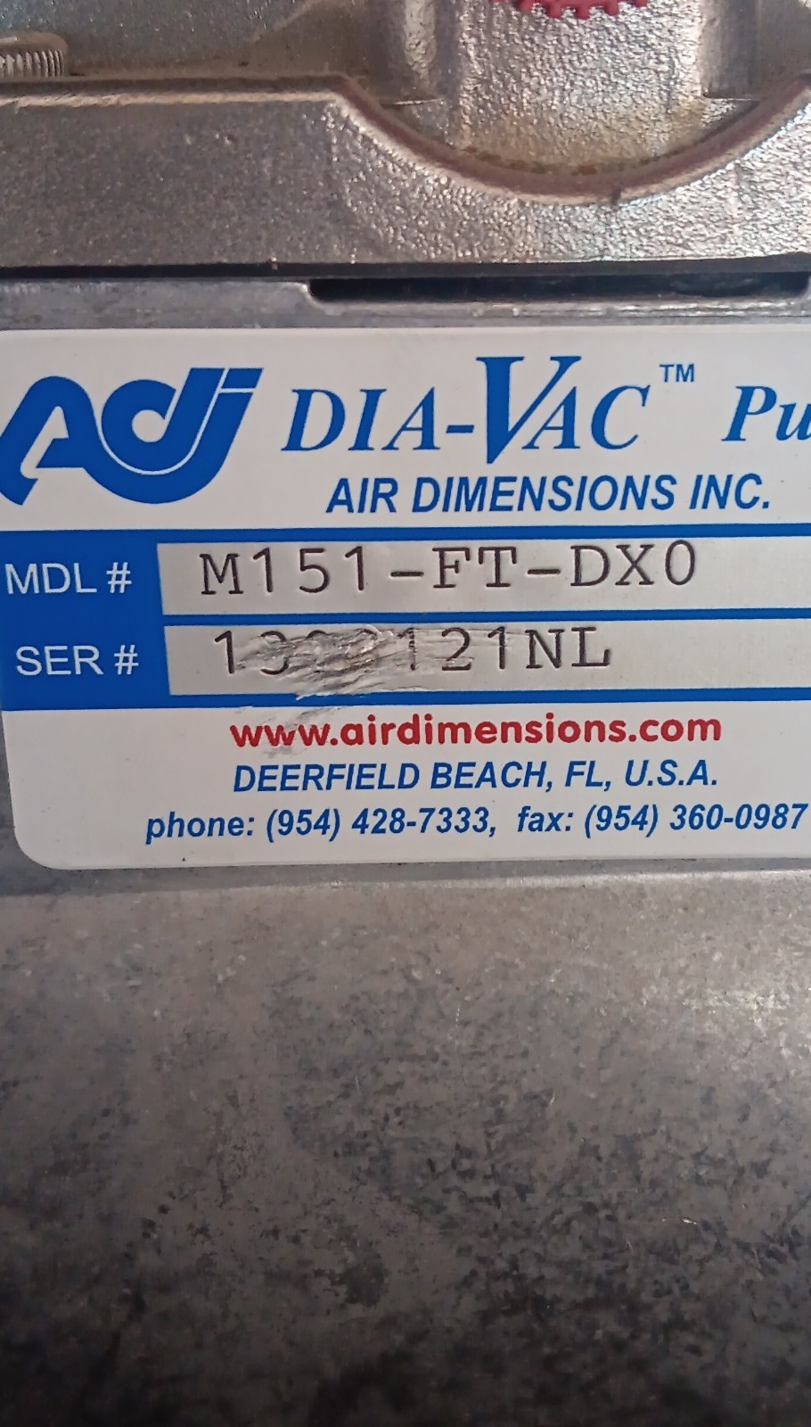 Air Dimensions Inc. DIA-VAC Diaphragm Pump M151-FT-DX0