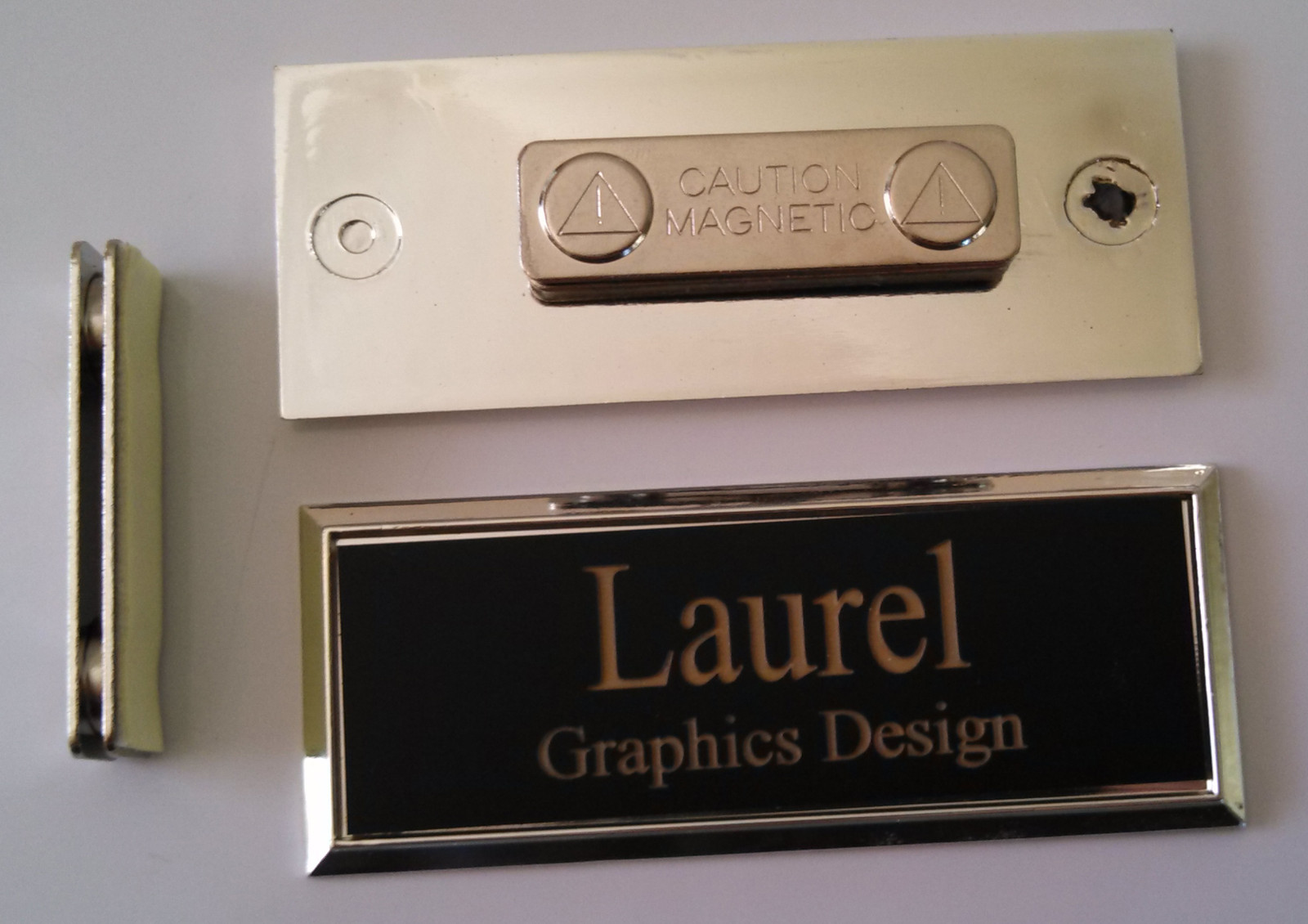 Employee Name Tags Black on Silver Frame w/ magnetic (magnet) attachment 1×3