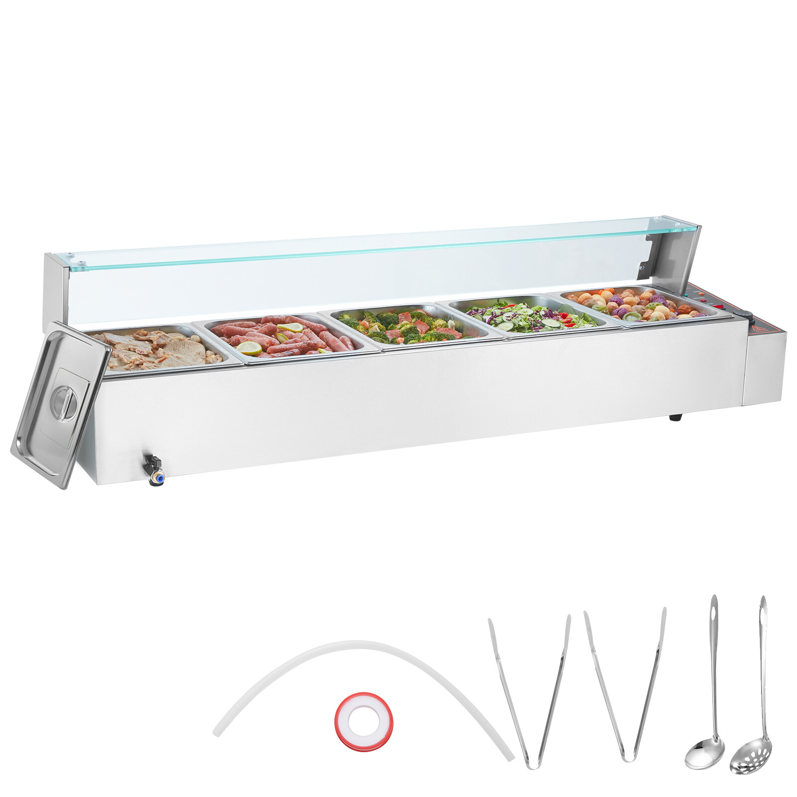 VEVOR Commercial Food Warmer 5*8Qt Countertop Buffet Bain Marie w/ Glass Shield