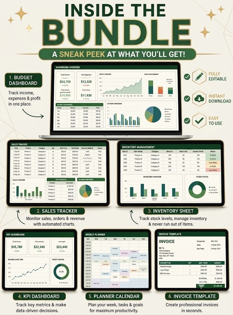 Excel Spreadsheet Templates Bundle | Budget Invoice Finance Planner 1200+ 2026✅