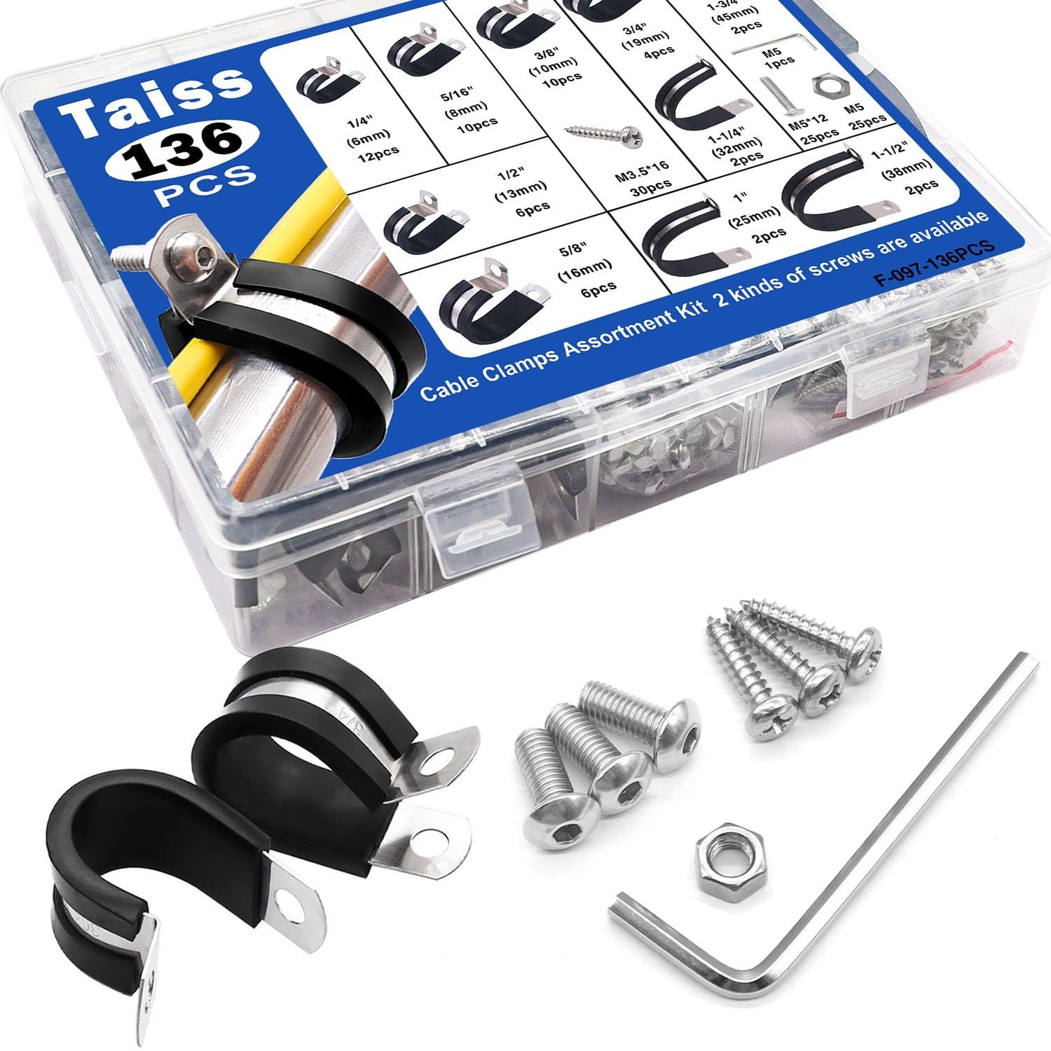 136PCS Cable Clamps Assortment Kit,10 Sizes 304 Stainless Steel Rubber Cushion