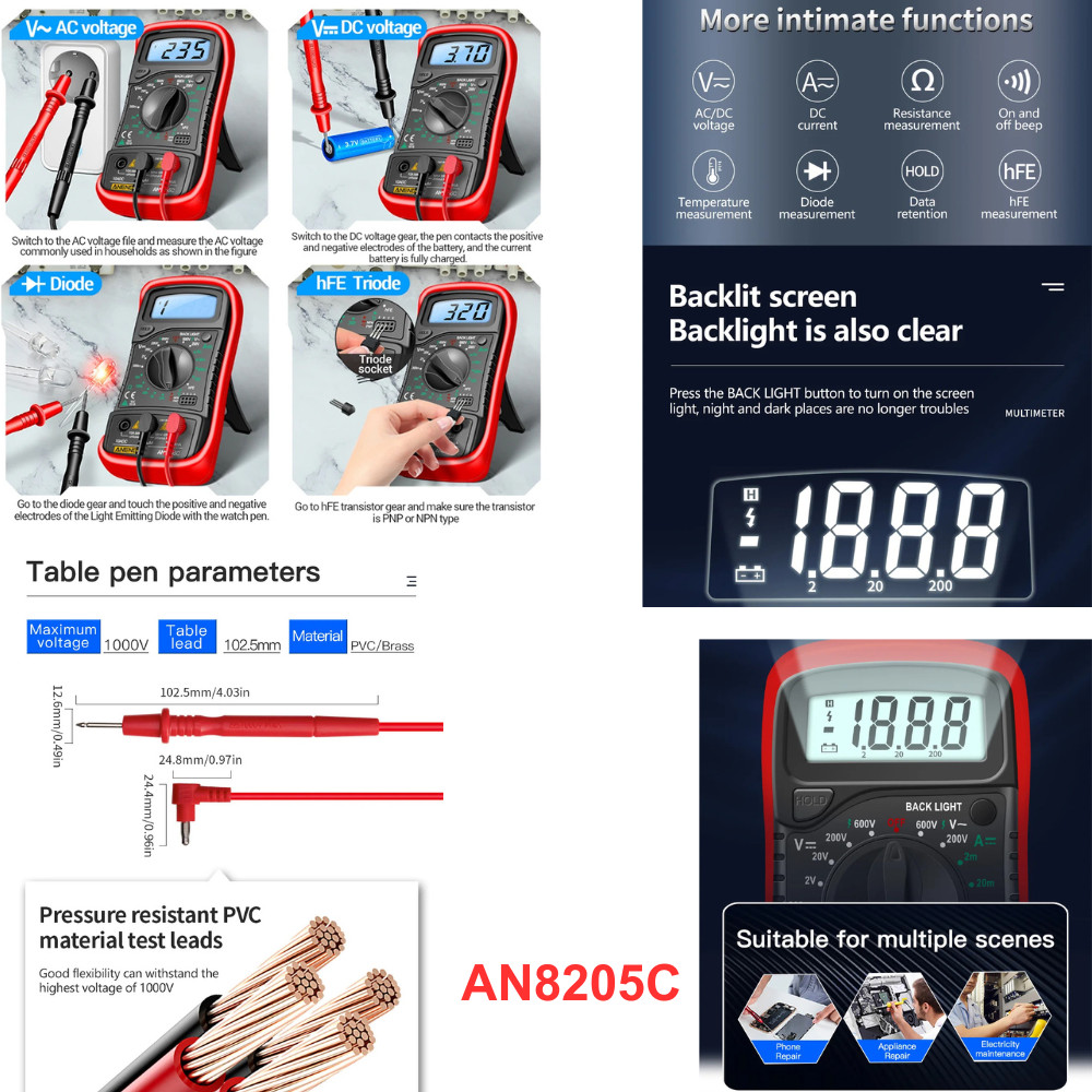 LCD Digital Multimeter Voltmeter Ammeter Ohmmeter Volt AC DC Tester Leads Meter