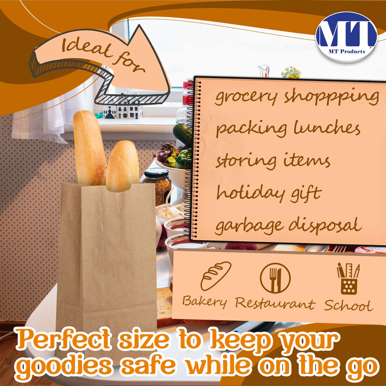 MT Products Brown Paper Bags – 8 lb Disposable Paper Lunch Bags – Pack of 100