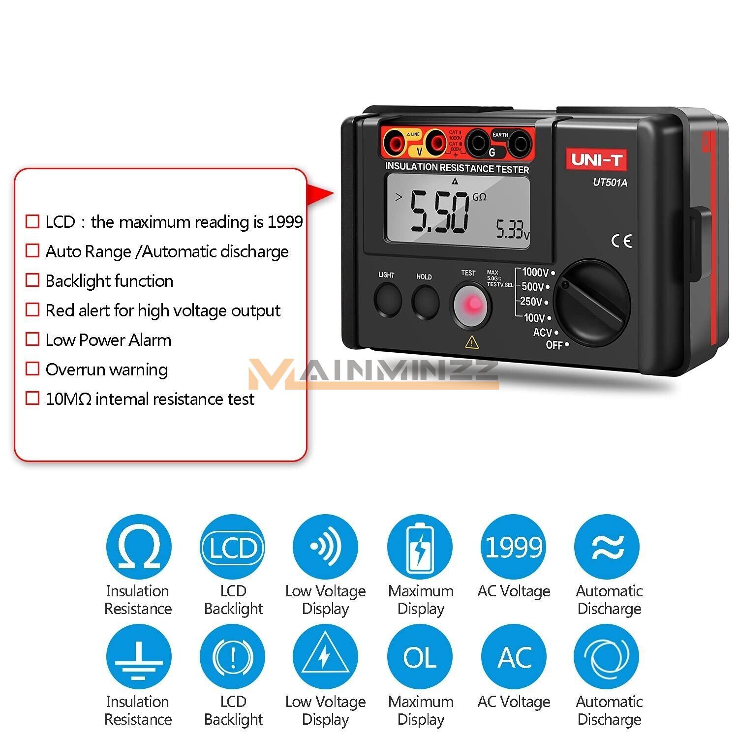 UNI-T UT501A 1000V Insulation Resistance Meter Ground Tester Megohmmeter Voltmet